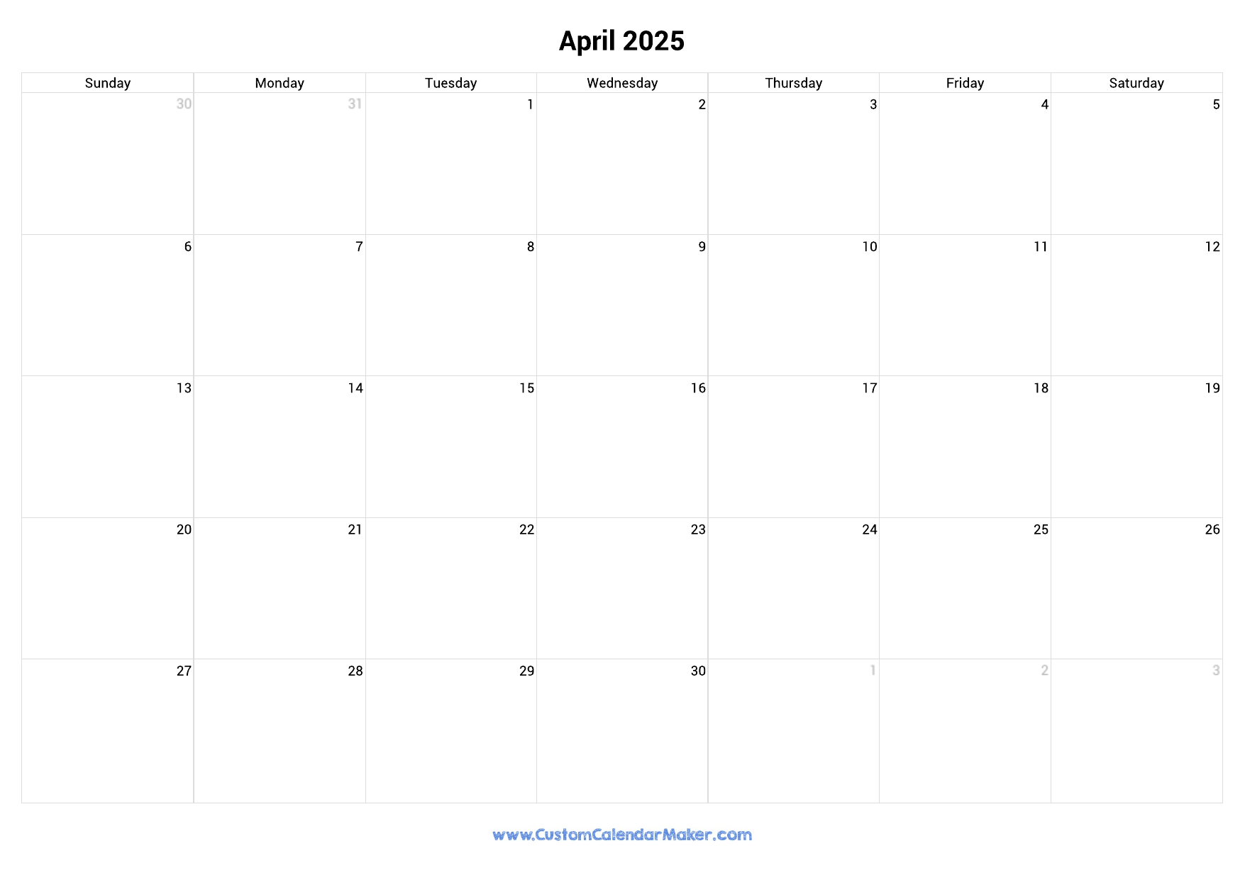 April 2025 Landscape Calendar With Large Boxes Custom Calendar Maker