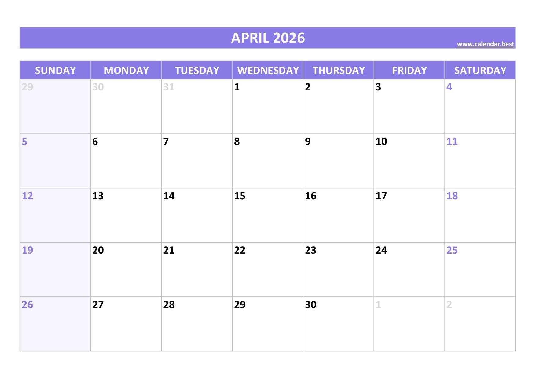 April 2026 Calendar Calendar best