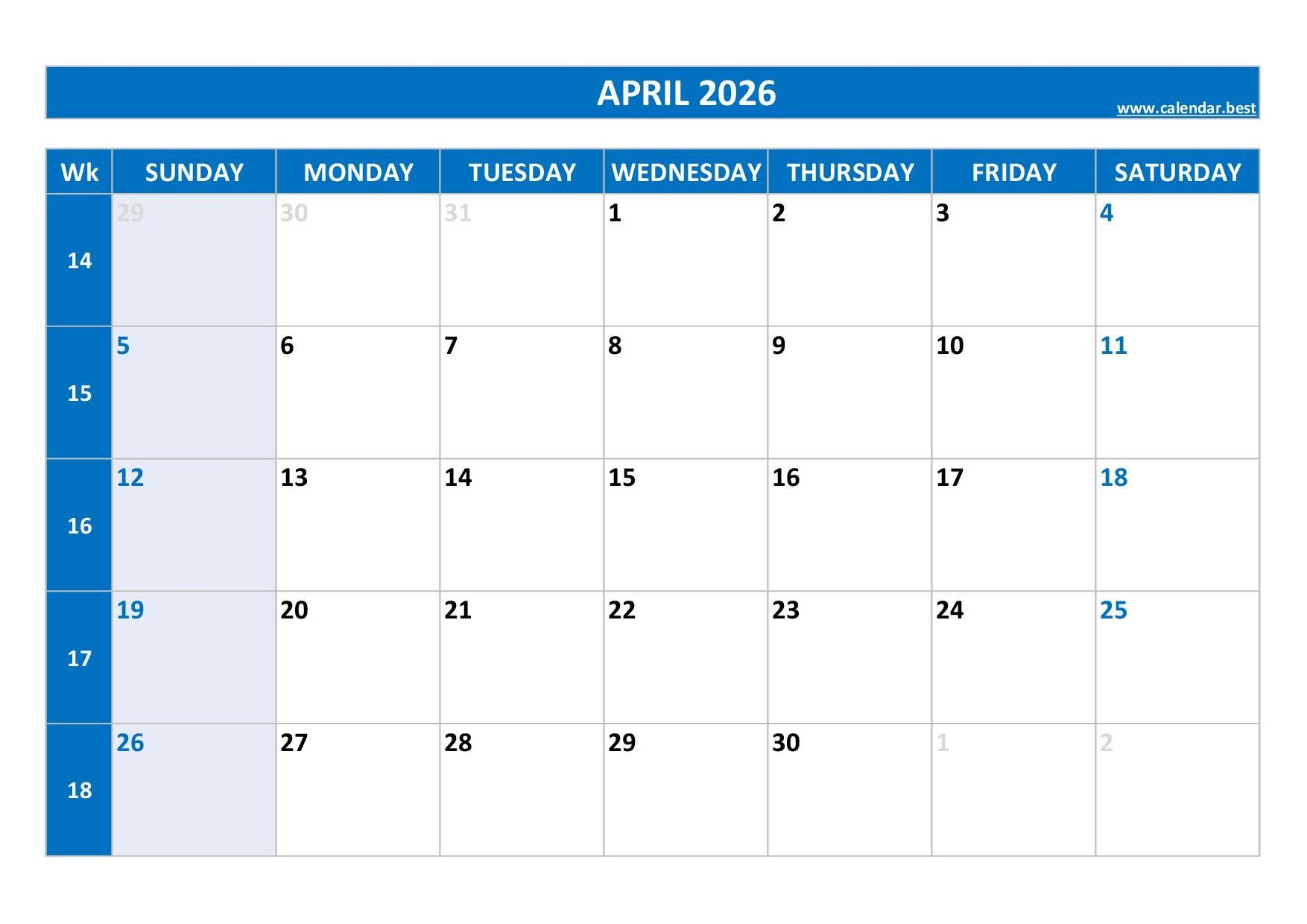 Calendar 2026 Printable April