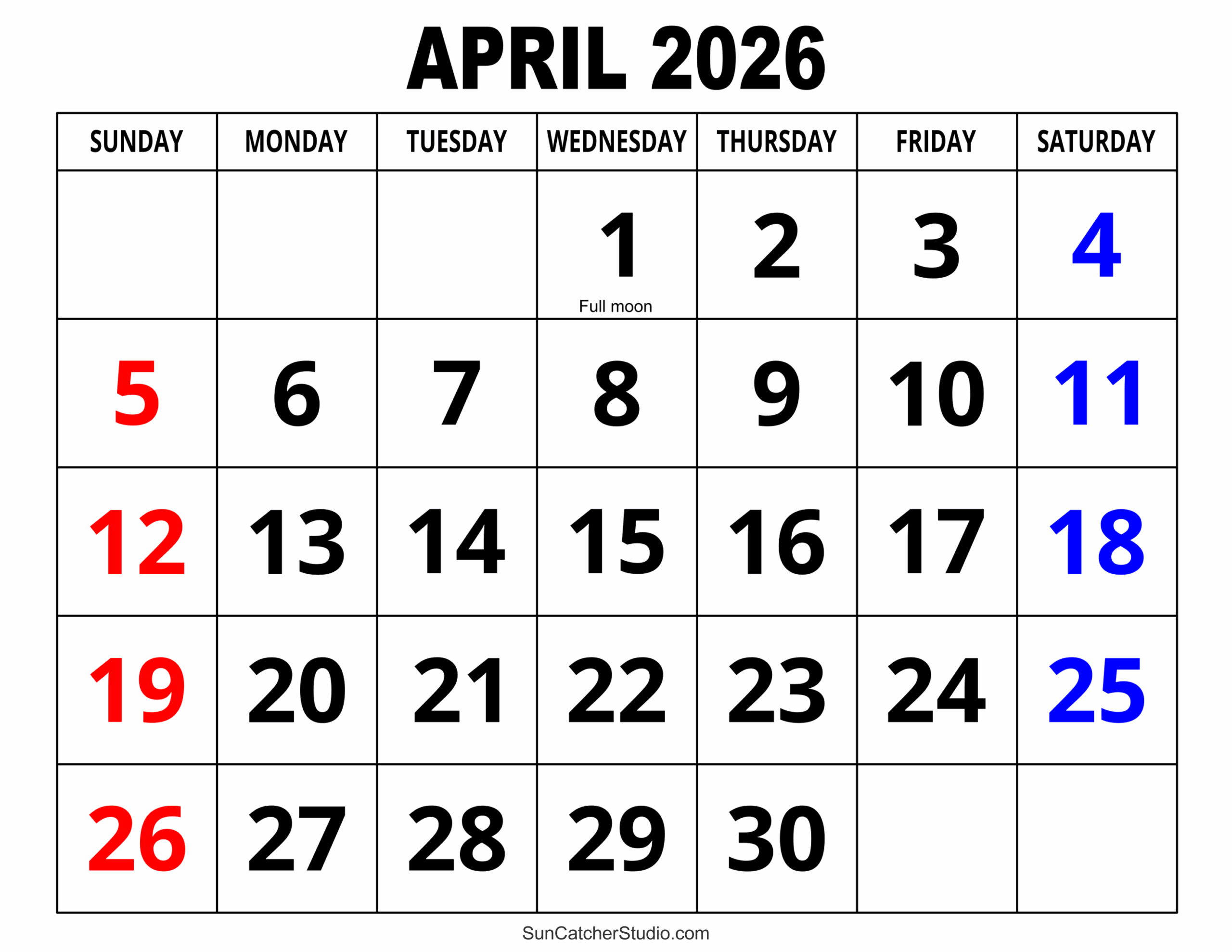 April 2026 Calendar Printable Baby