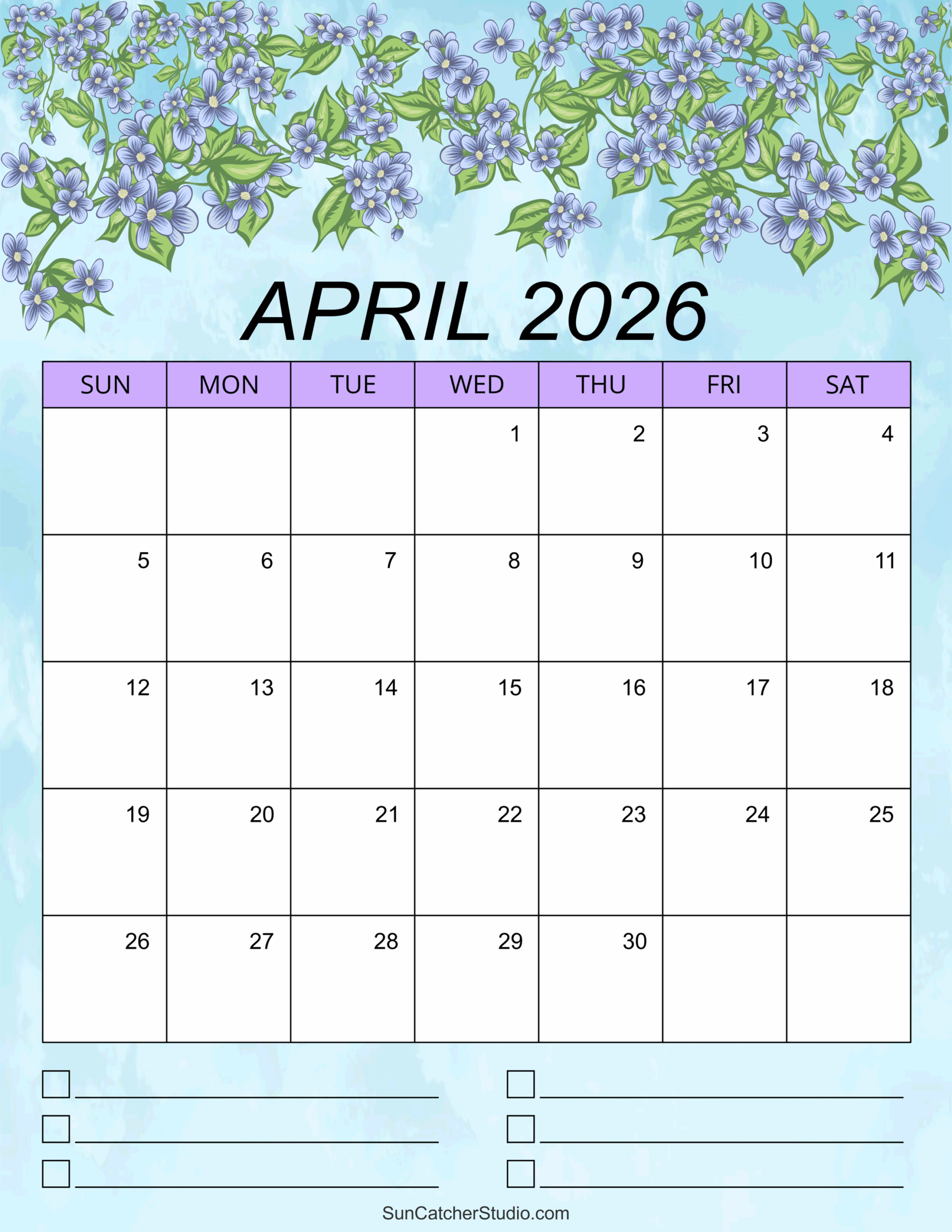 Free Printable 2026 Monthly Calendar With Holidays April