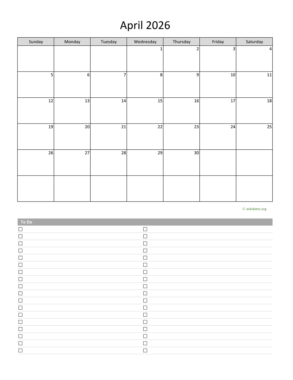 Free Printable April 2026 Calendar Large Boxes