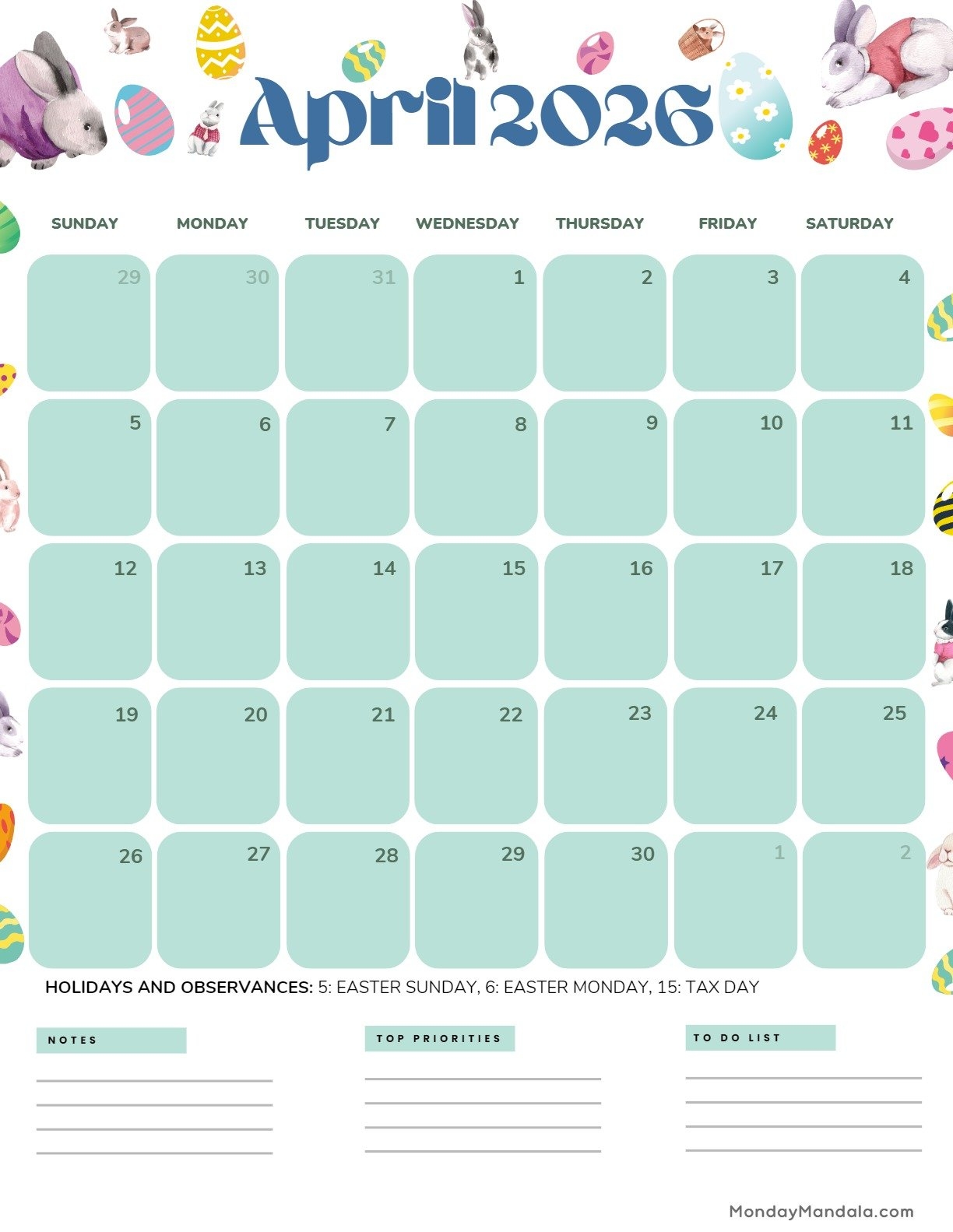 Printable Free April Calendar 2026