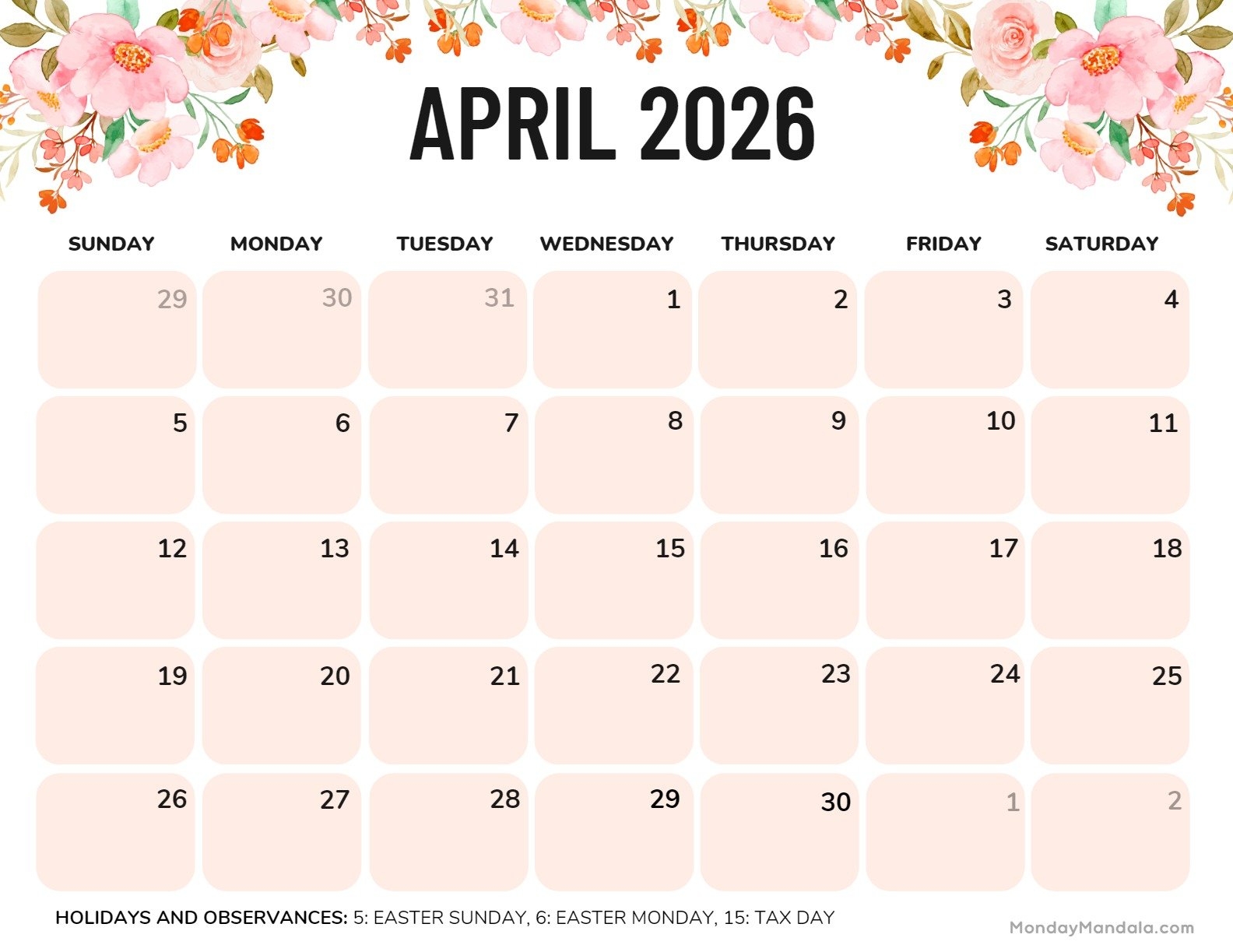 April 2026 Calendar Printable Vertex