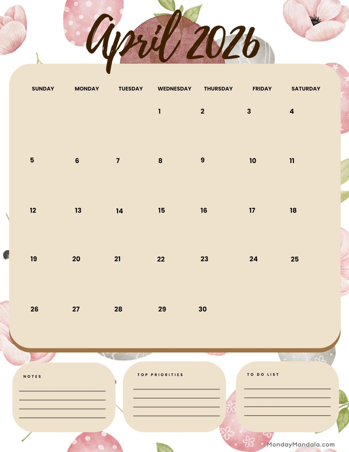 Cute Printable April Calendar 2026