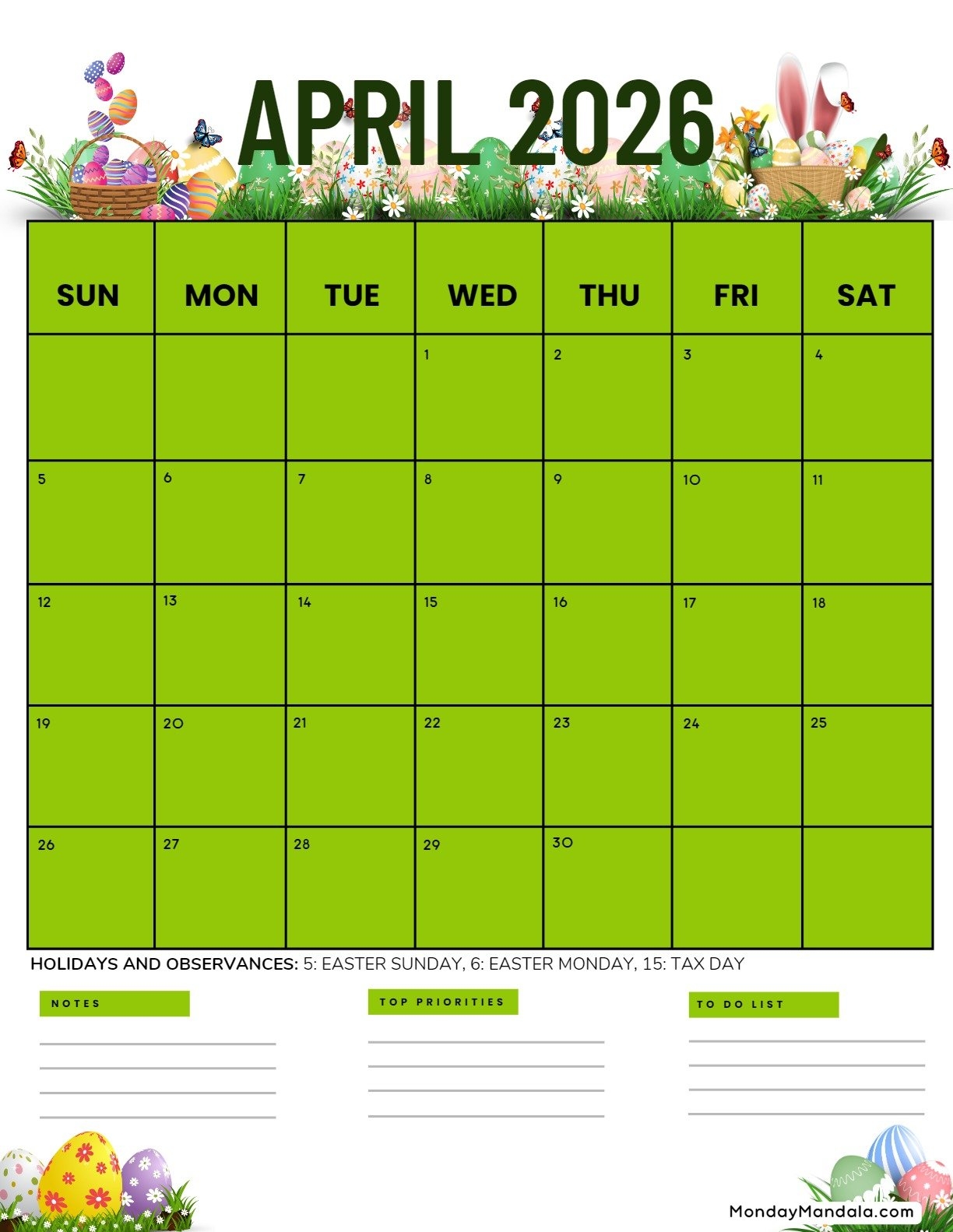 April 2026 Calendar Printable Vertical