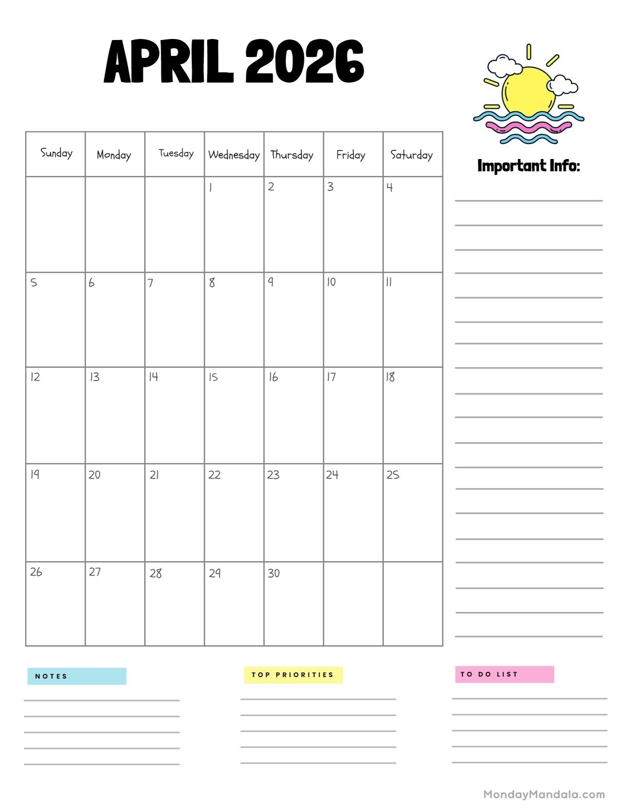 April 2026 Calendar Printable Pinterest