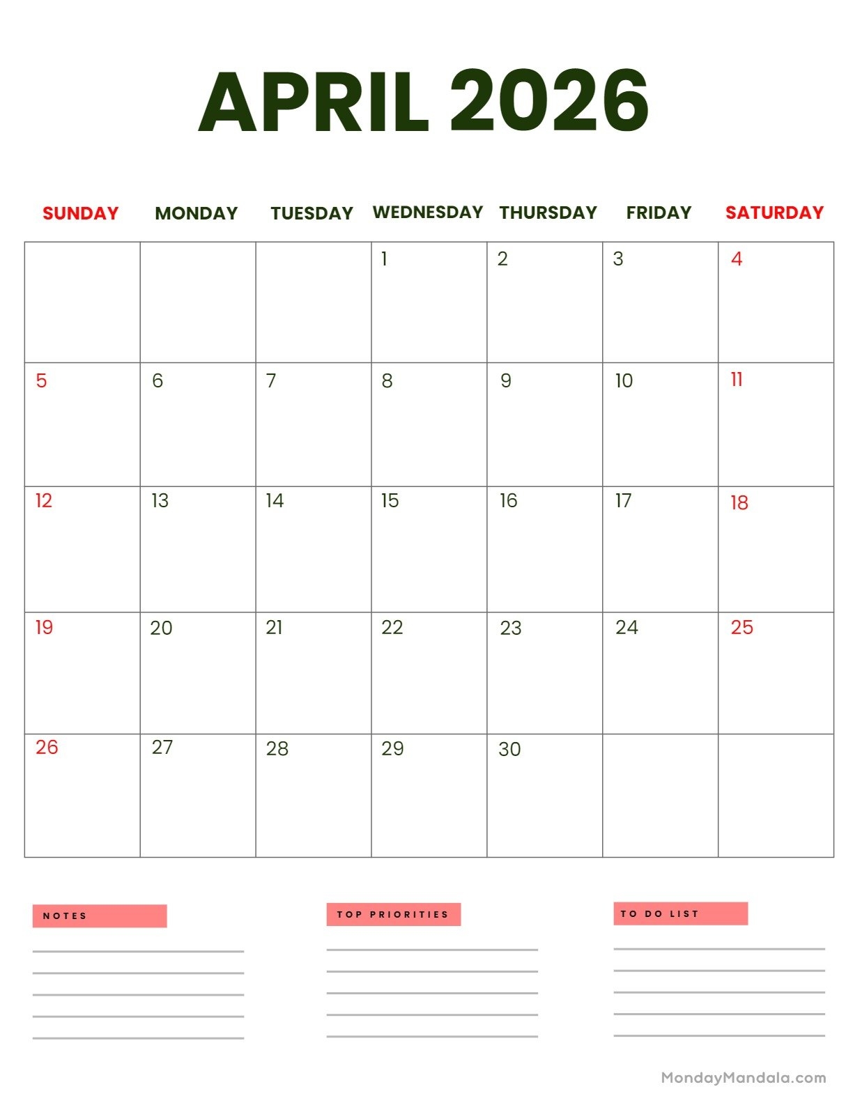 April 2026 Calendars Free PDF Printables 