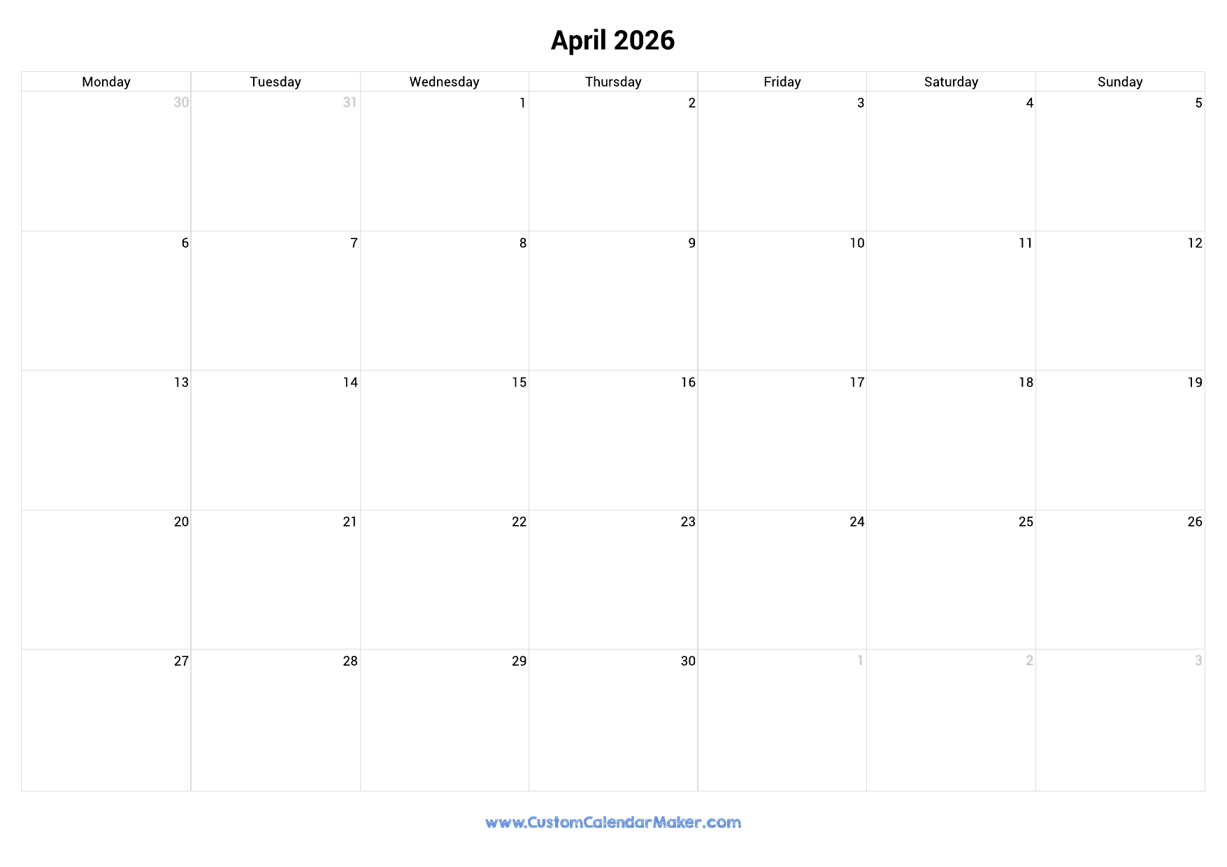 April 2026 Calendar Printable Monday Start