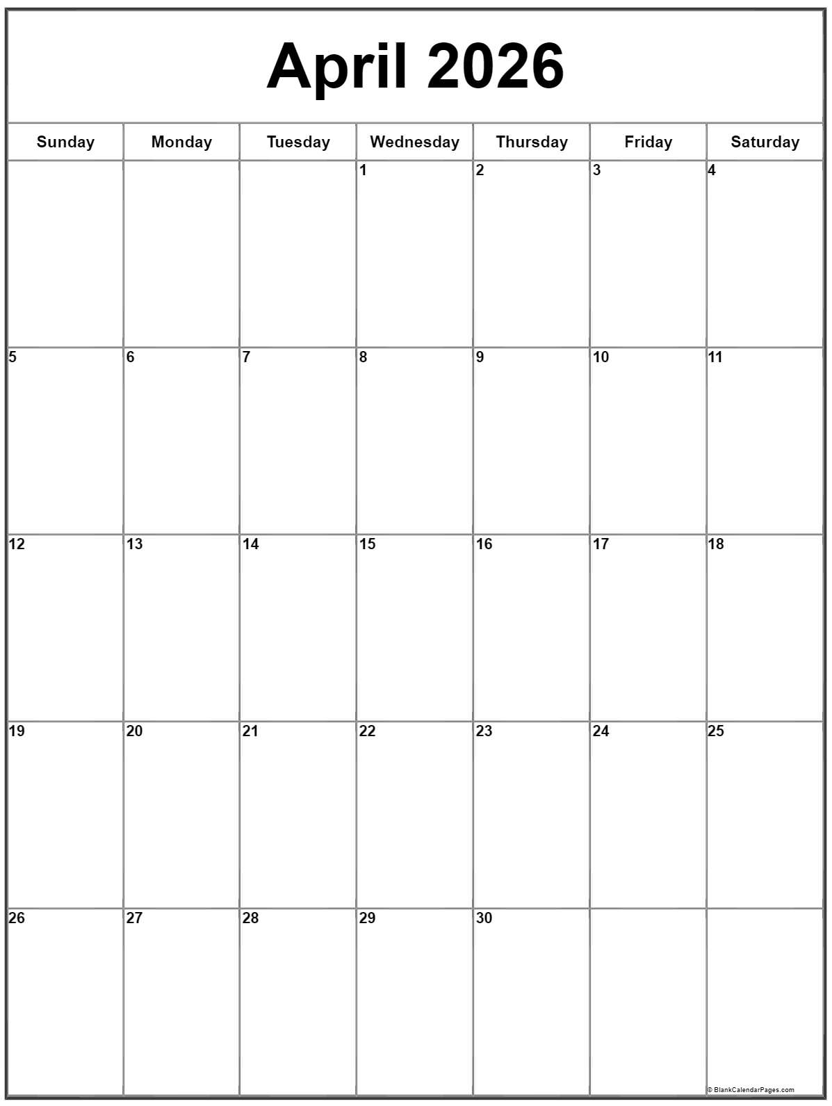 April 2026 Vertical Calendar Portrait