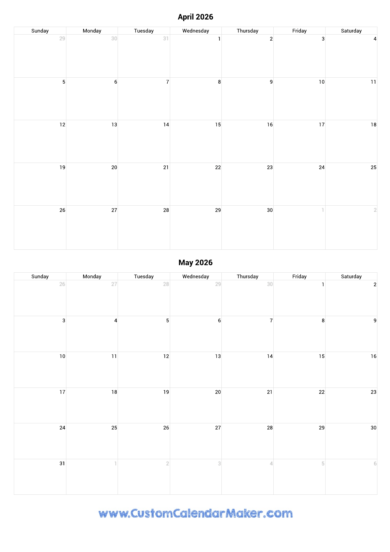 Printable Calendar For April And May 2026