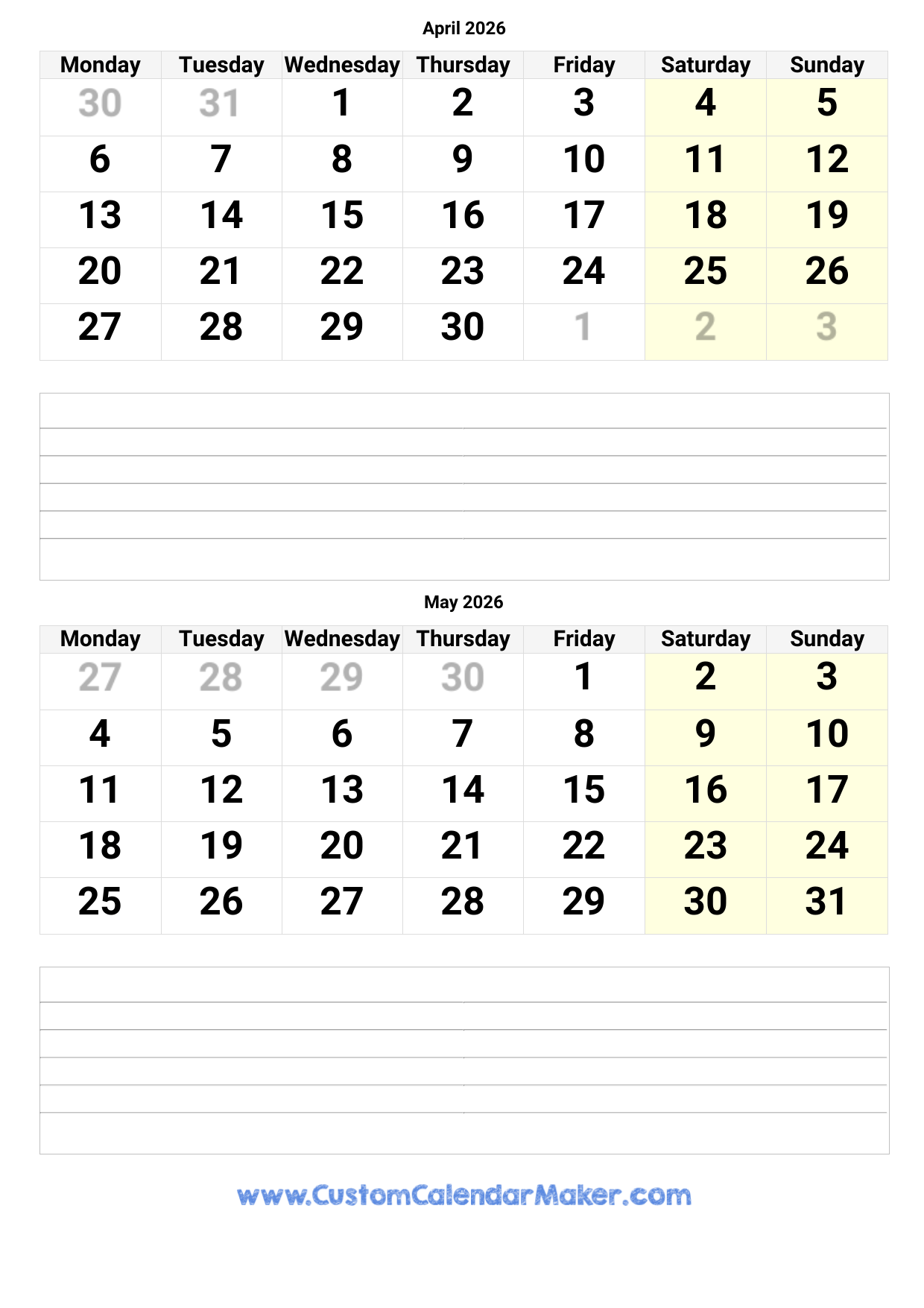 April And May 2026 Calendar Custom Calendar Maker