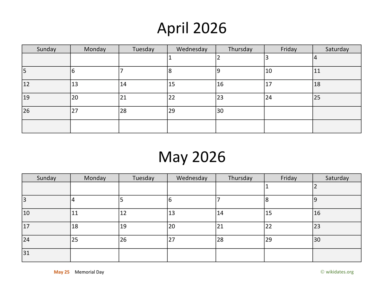 April And May 2026 Calendar WikiDates