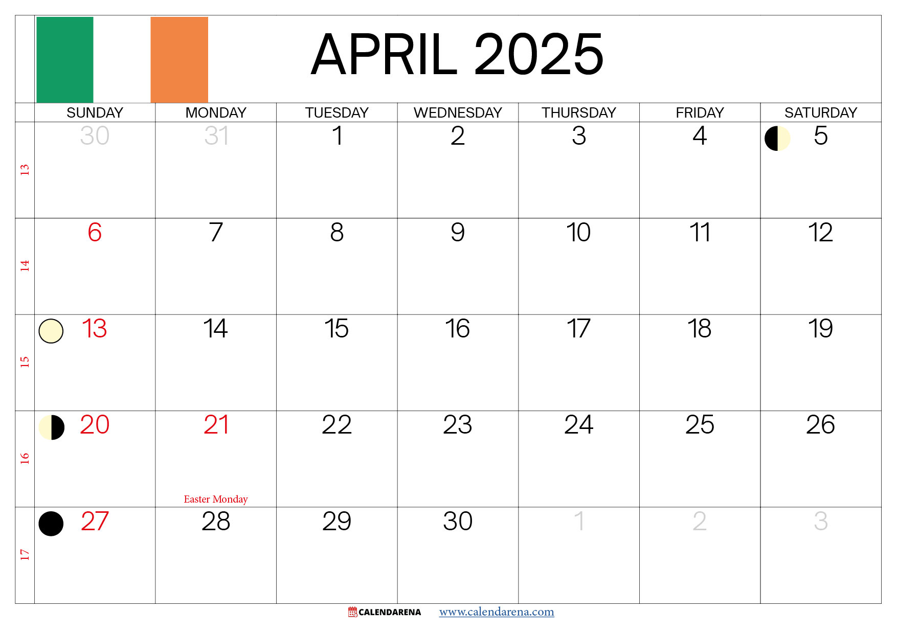 April Calendar 2025 Ireland With Holidays