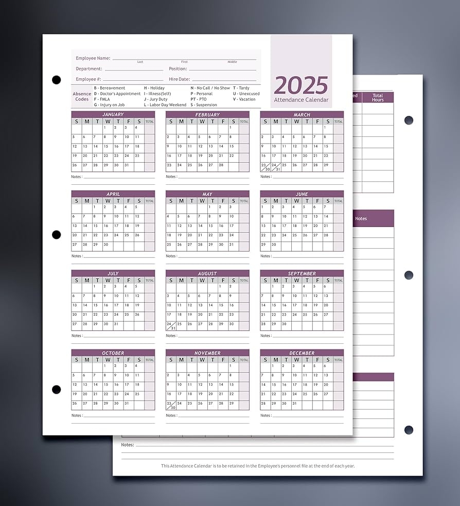 Attendance Calendar Employee Card Attendance Record Tracker 2025 Heavy 100lb Cardstock Paper 8 5 X 11 Inches Purple Pack Of 50 Sheets Amazon co uk Stationery U0026 Office Supplies
