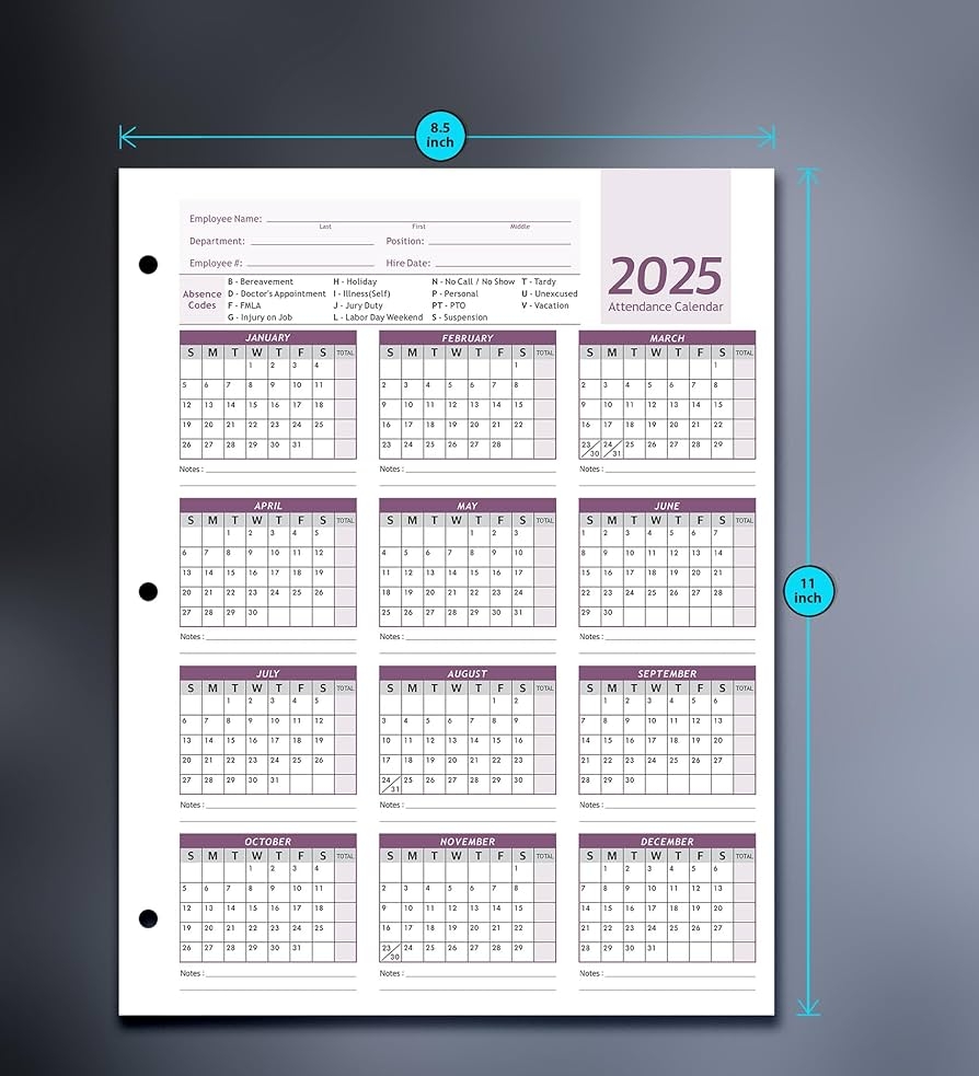 Attendance Calendar Employee Card Attendance Record Tracker 2025 Heavy 100lb Cardstock Paper 8 5 X 11 Inches Purple Pack Of 50 Sheets Office Products Amazon
