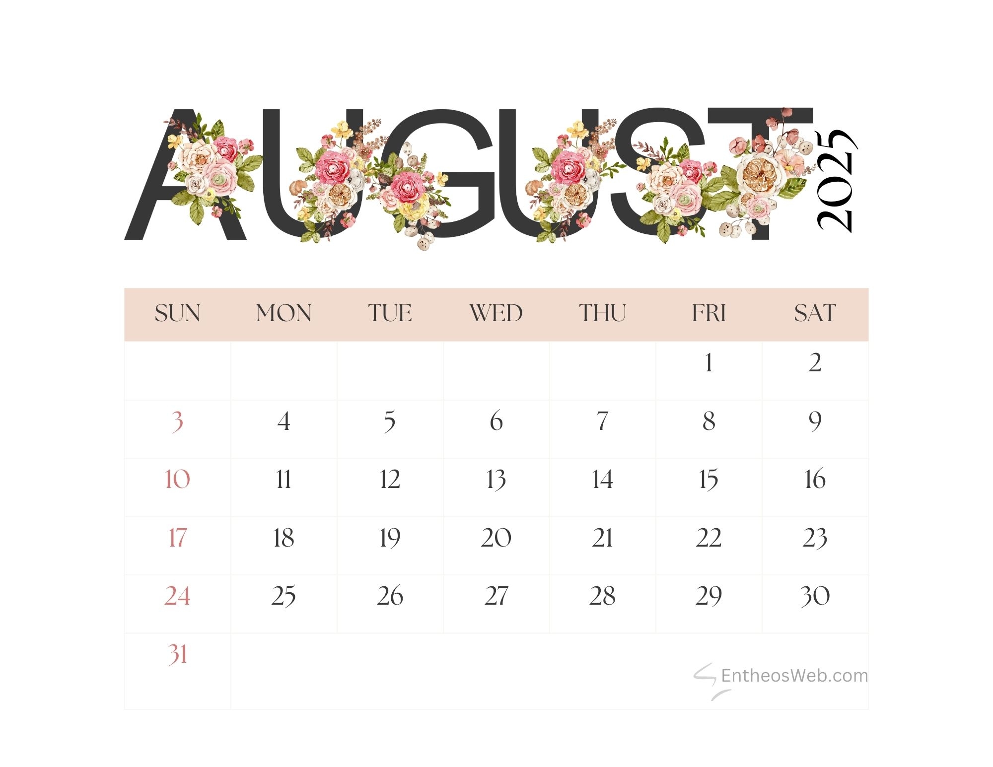 August 2025 Calendar Free PDF Printables EntheosWeb