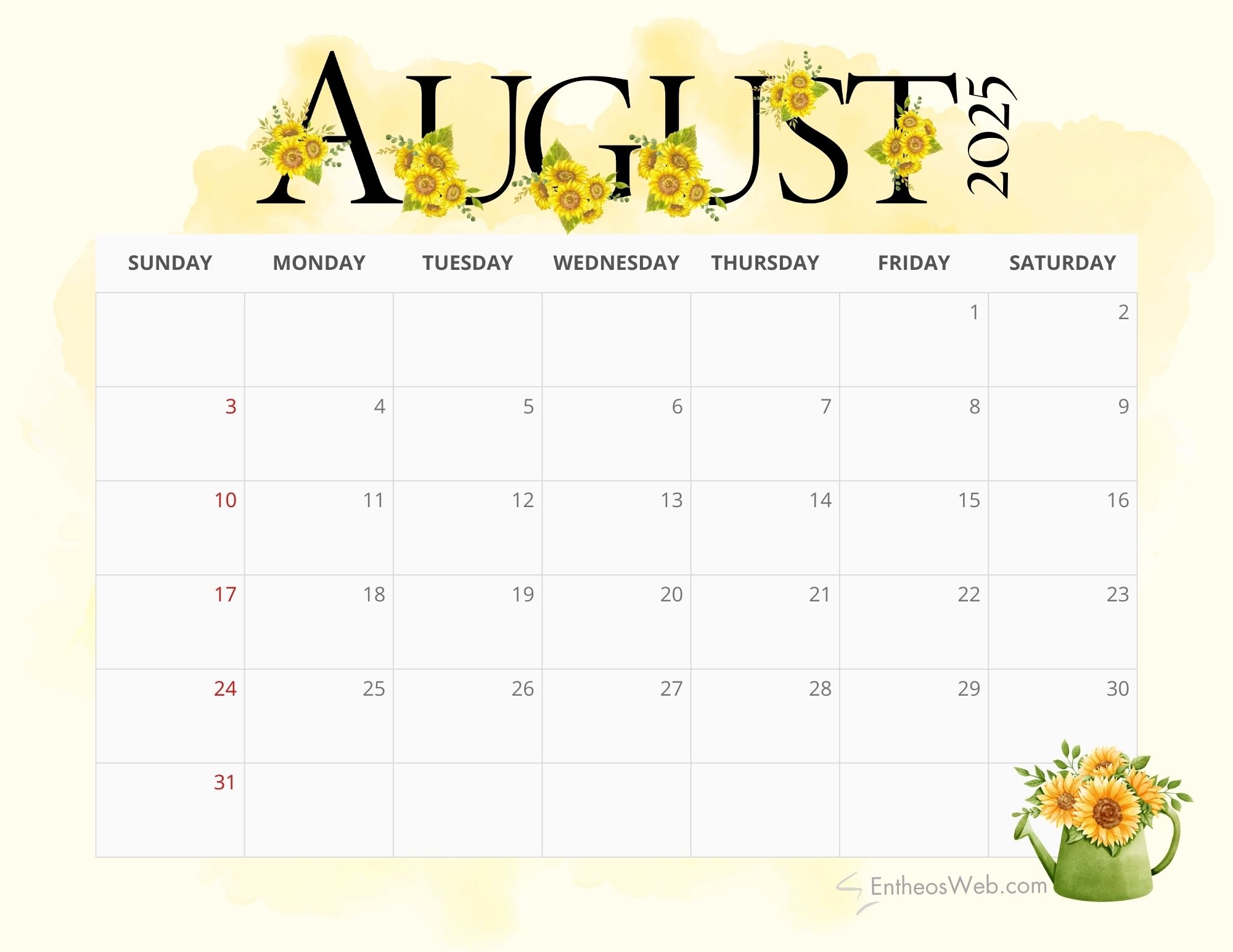 August 2025 Calendar Free PDF Printables EntheosWeb
