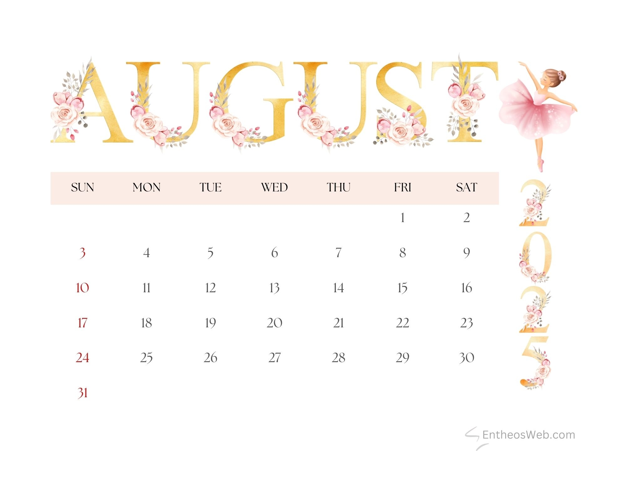 Free Printable August 2025 Calendar Cute