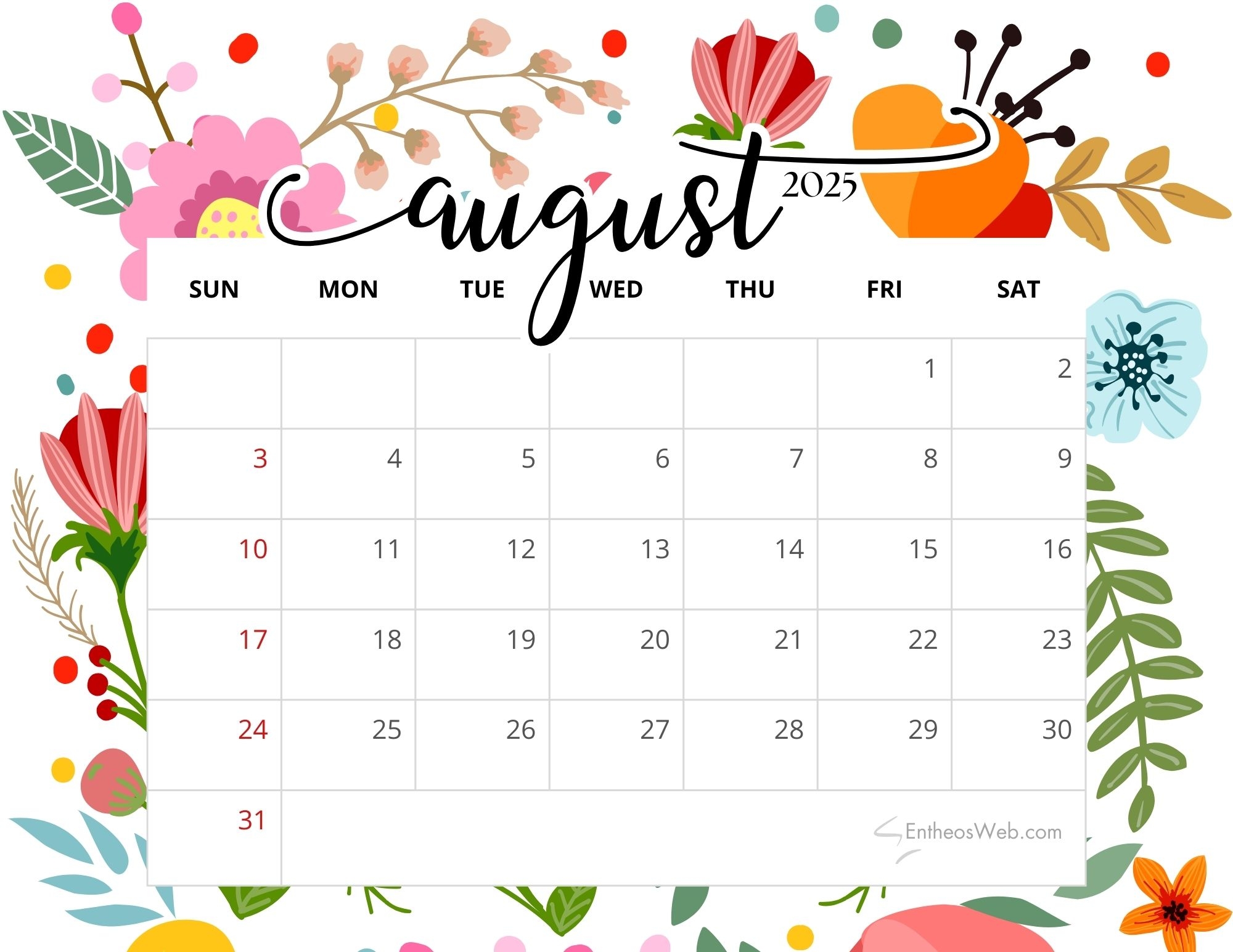 August 2025 Calendar Free PDF Printables EntheosWeb