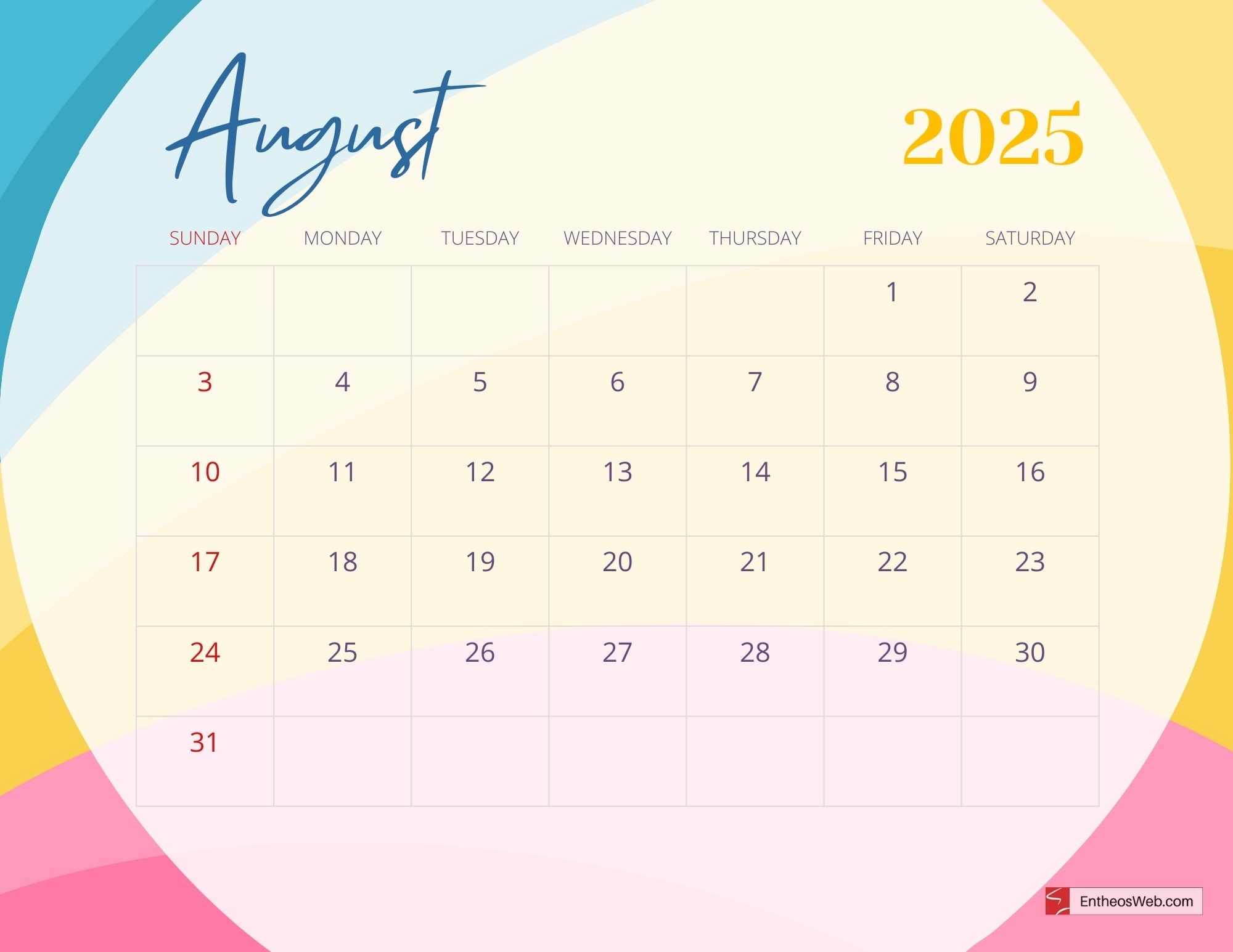 August 2025 Calendar Free PDF Printables EntheosWeb