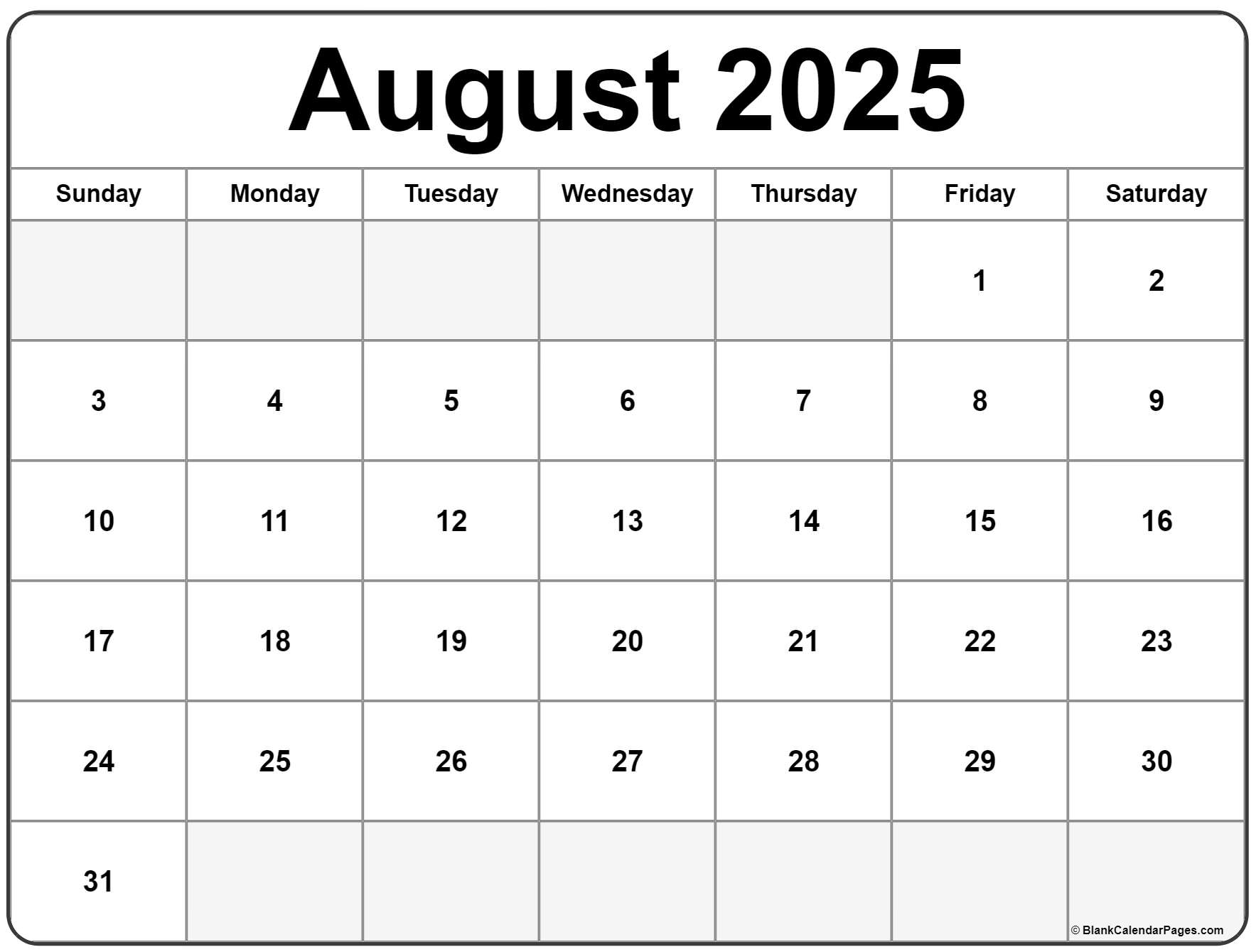 August 2025 Calendar Free Printable Calendars