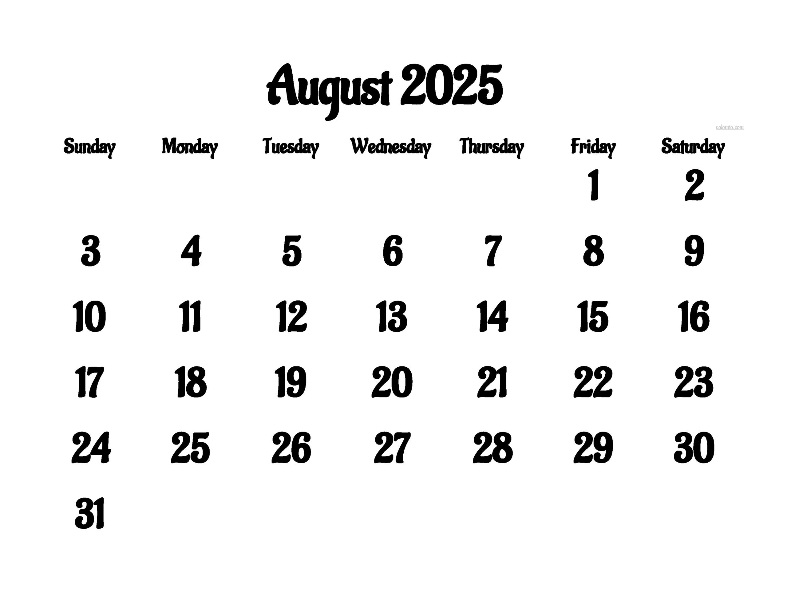 Free Printable Calendar August 2025 Vertex