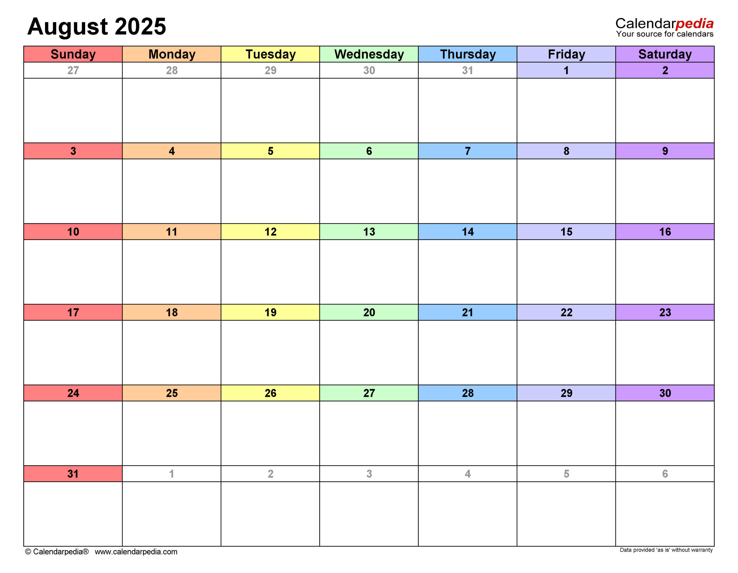 August 2025 Calendar Templates For PDF Excel And Word