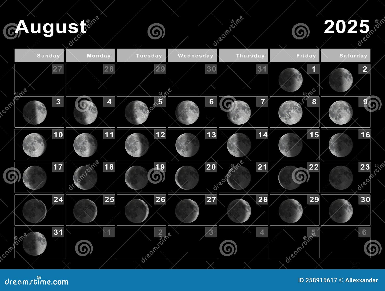 August 2025 Lunar Calendar Moon Cycles Phases Stock Illustrations 