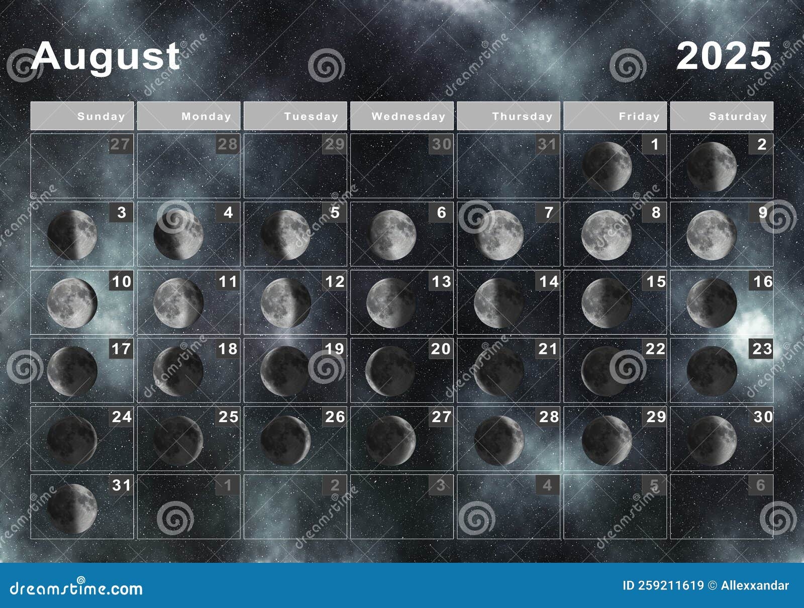 August 2025 Lunar Calendar Moon Cycles Stock Illustration Illustration Of Astronomy Layout 259211619