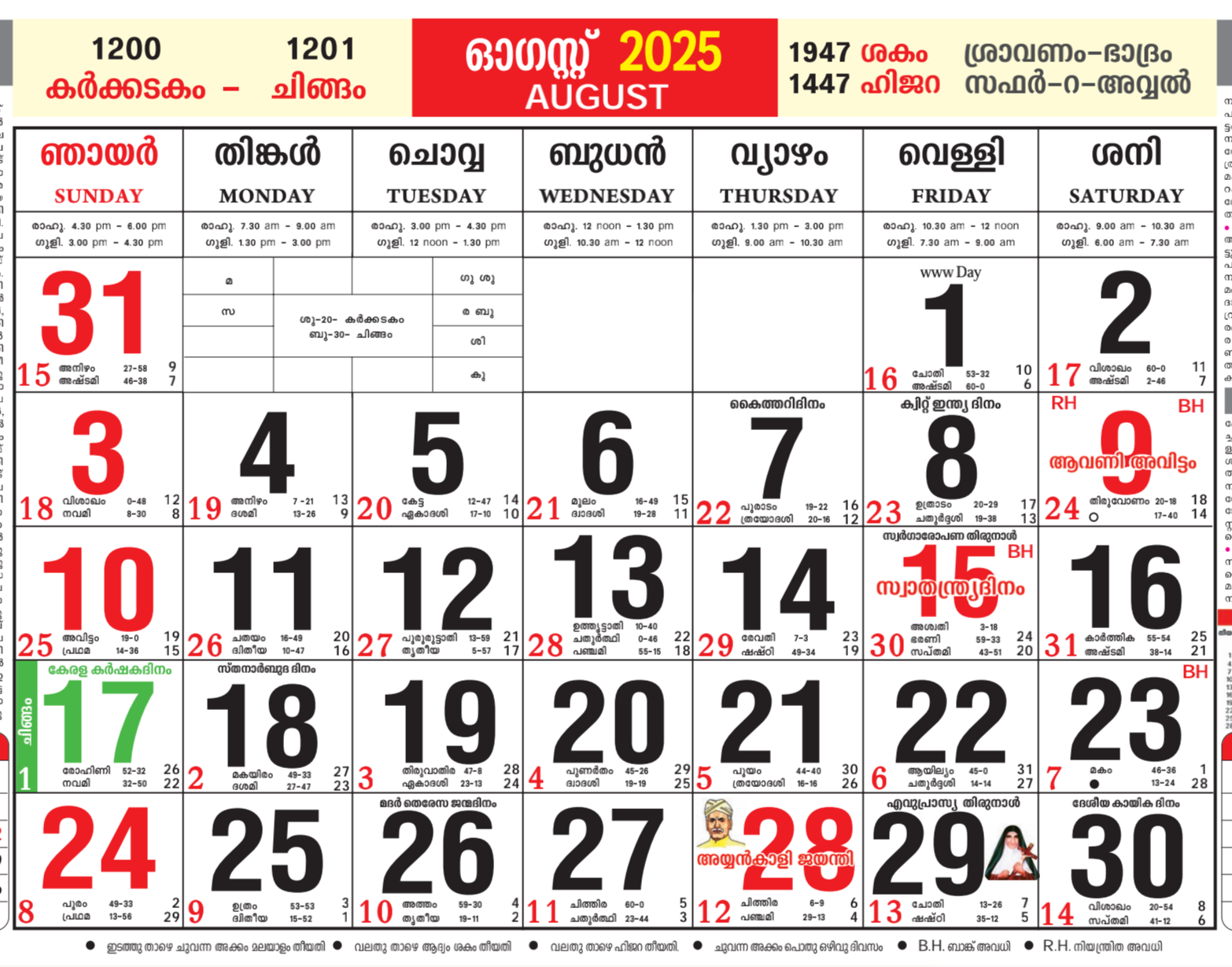 August 2025 Malayalam Calendar All Festivals Holiday Tithi Muhurtam Lists Calendar Paper