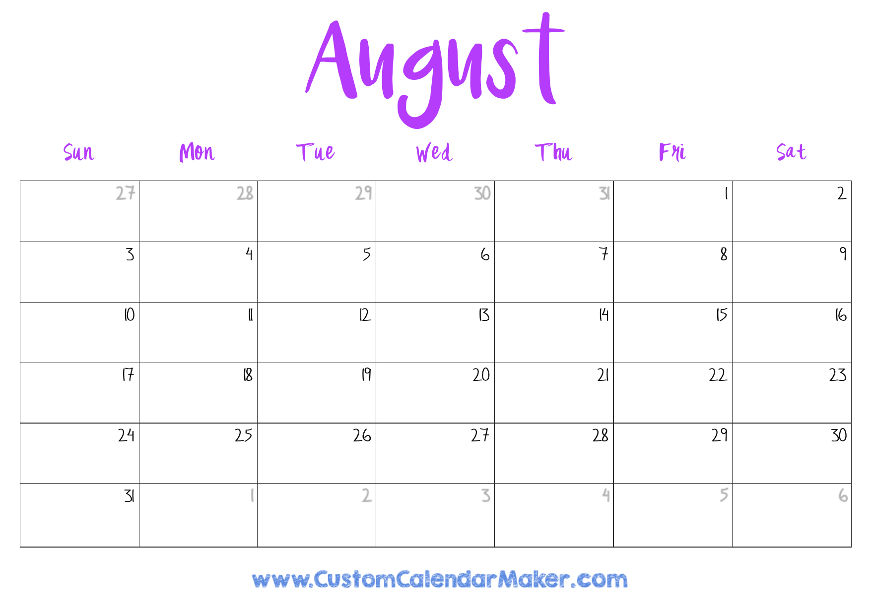 Editable Calendar August 2025
