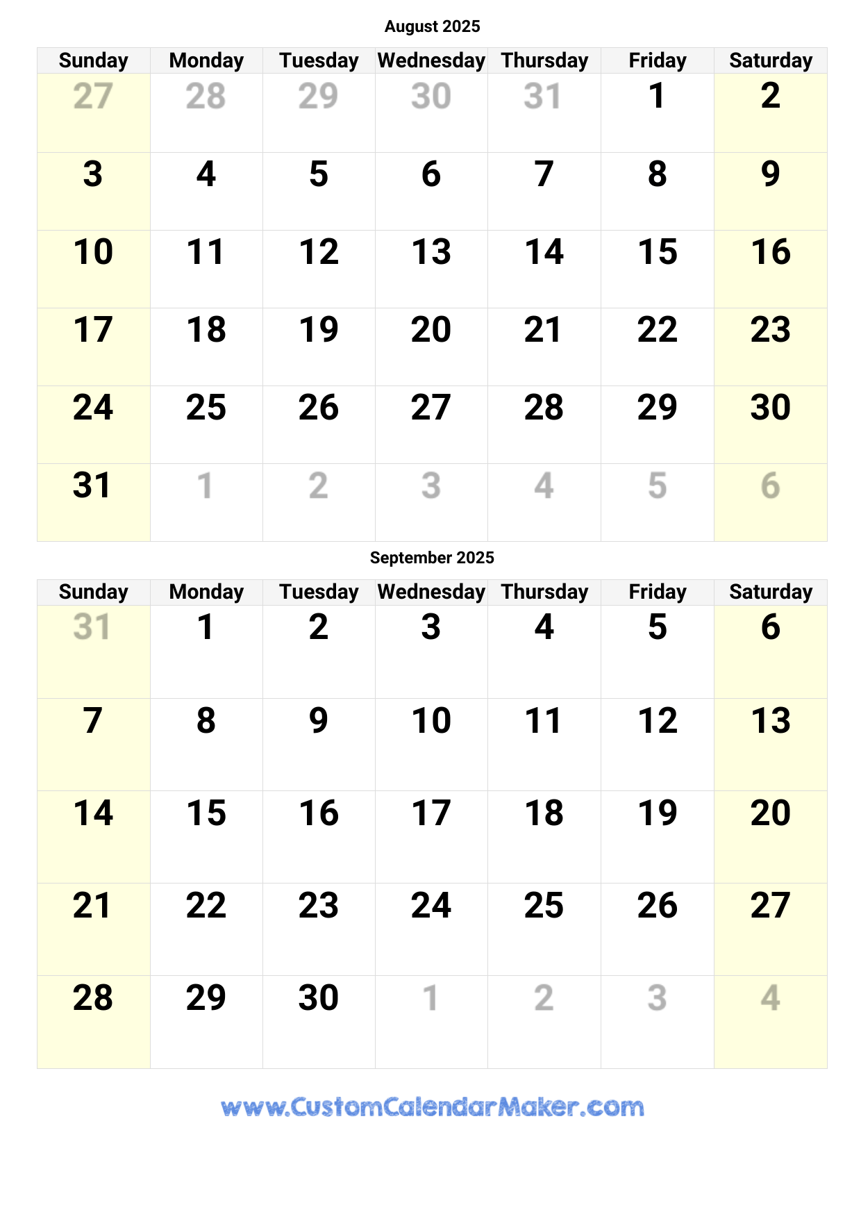 August And September 2025 Calendar Custom Calendar Maker