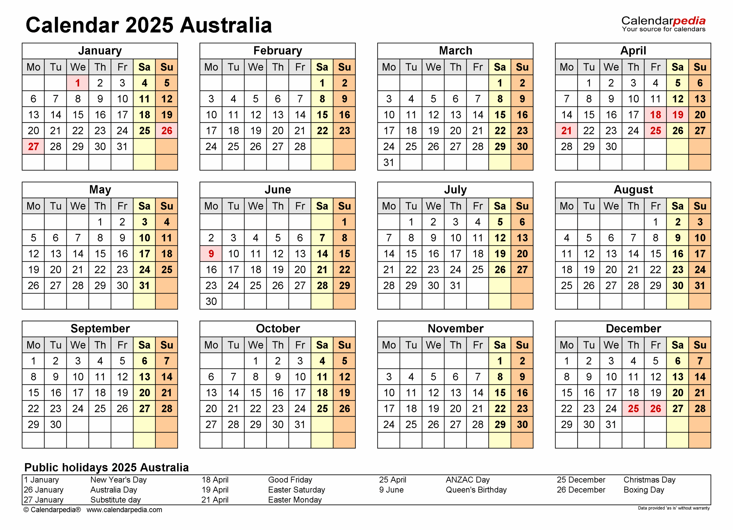 Australia Calendar 2025 Free Printable PDF Templates