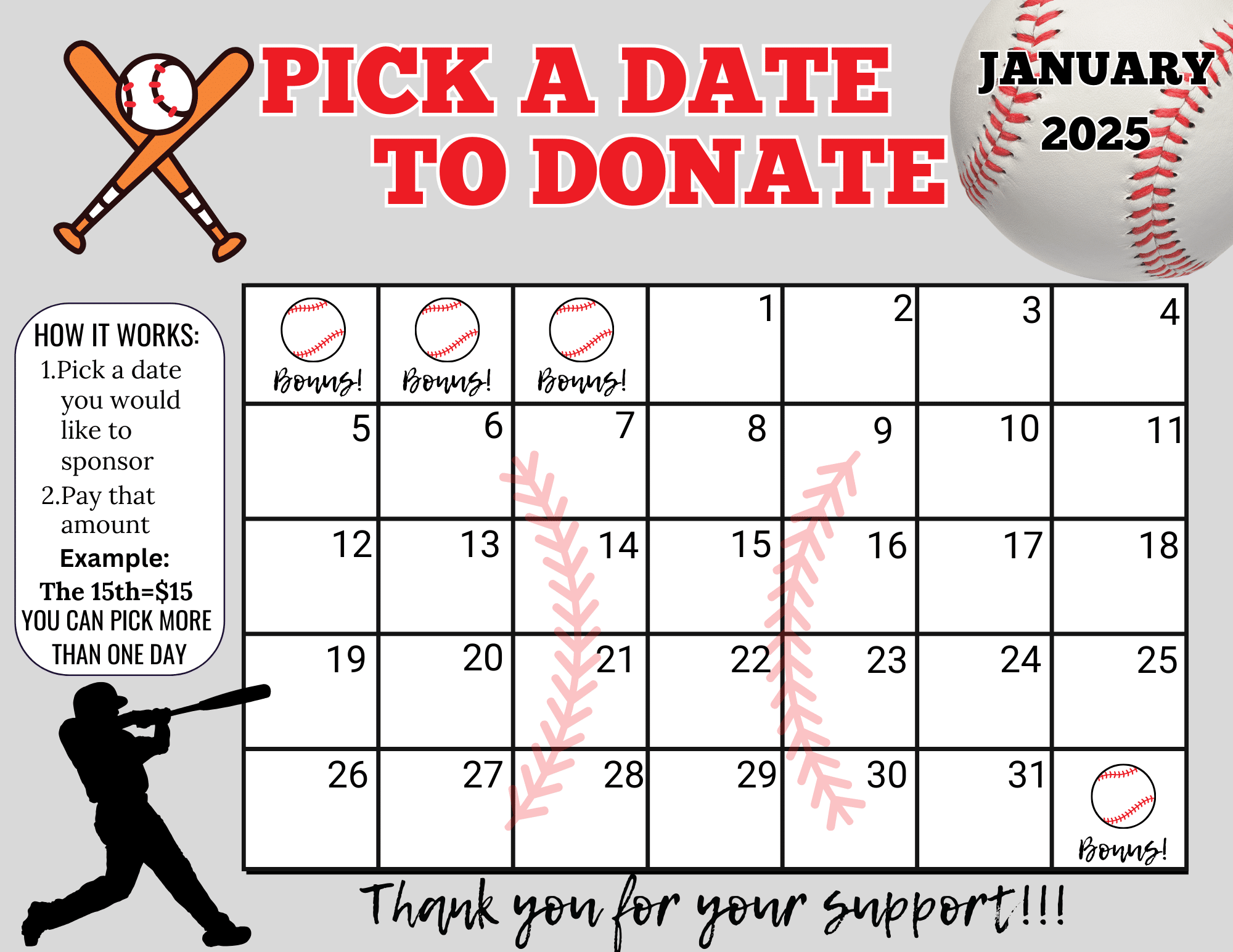 Baseball January Pick A Date To Donate Fundraiser Instant Download 