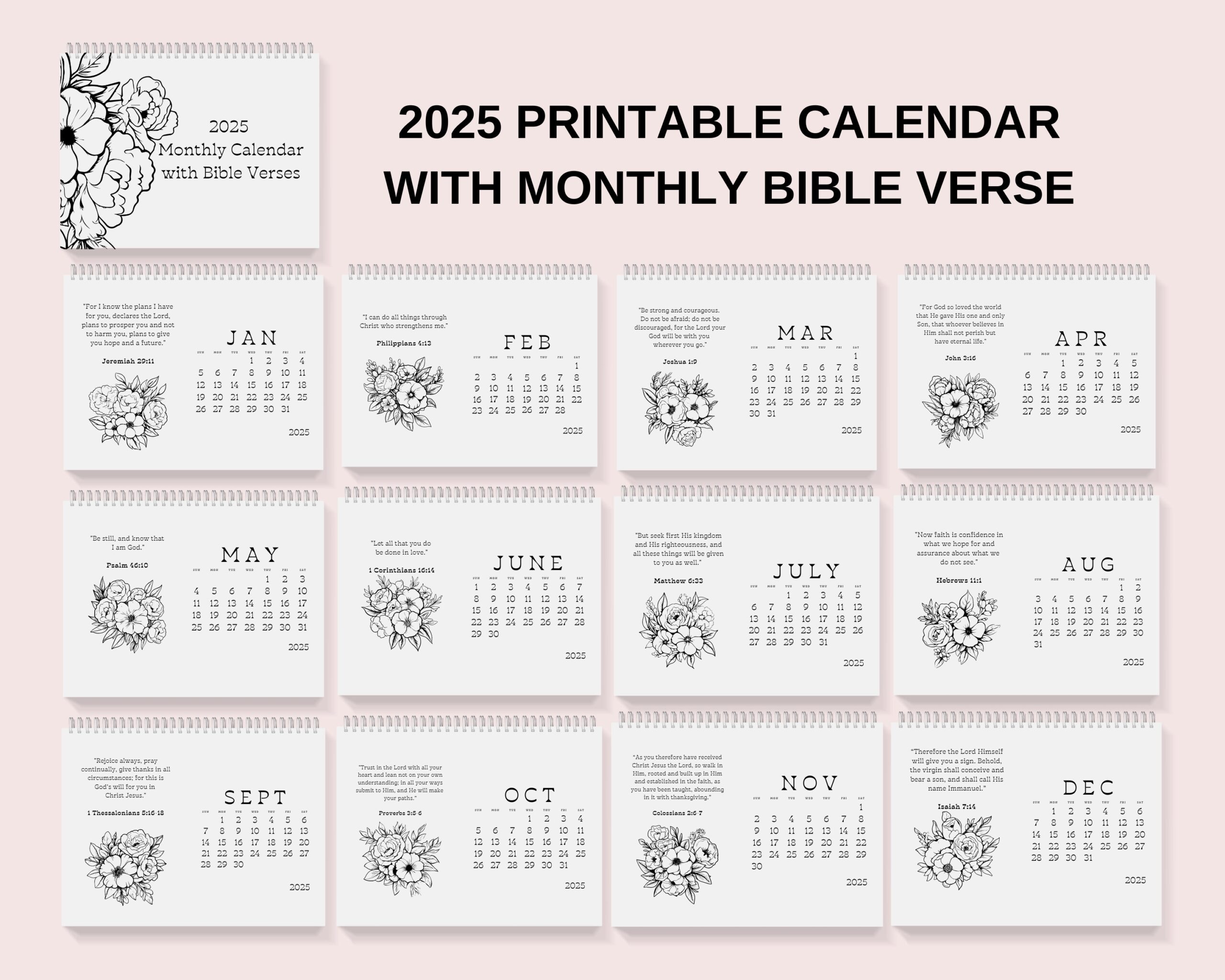 Bible Verse Digital Calendar 2025 Printable Line Art Flowers 