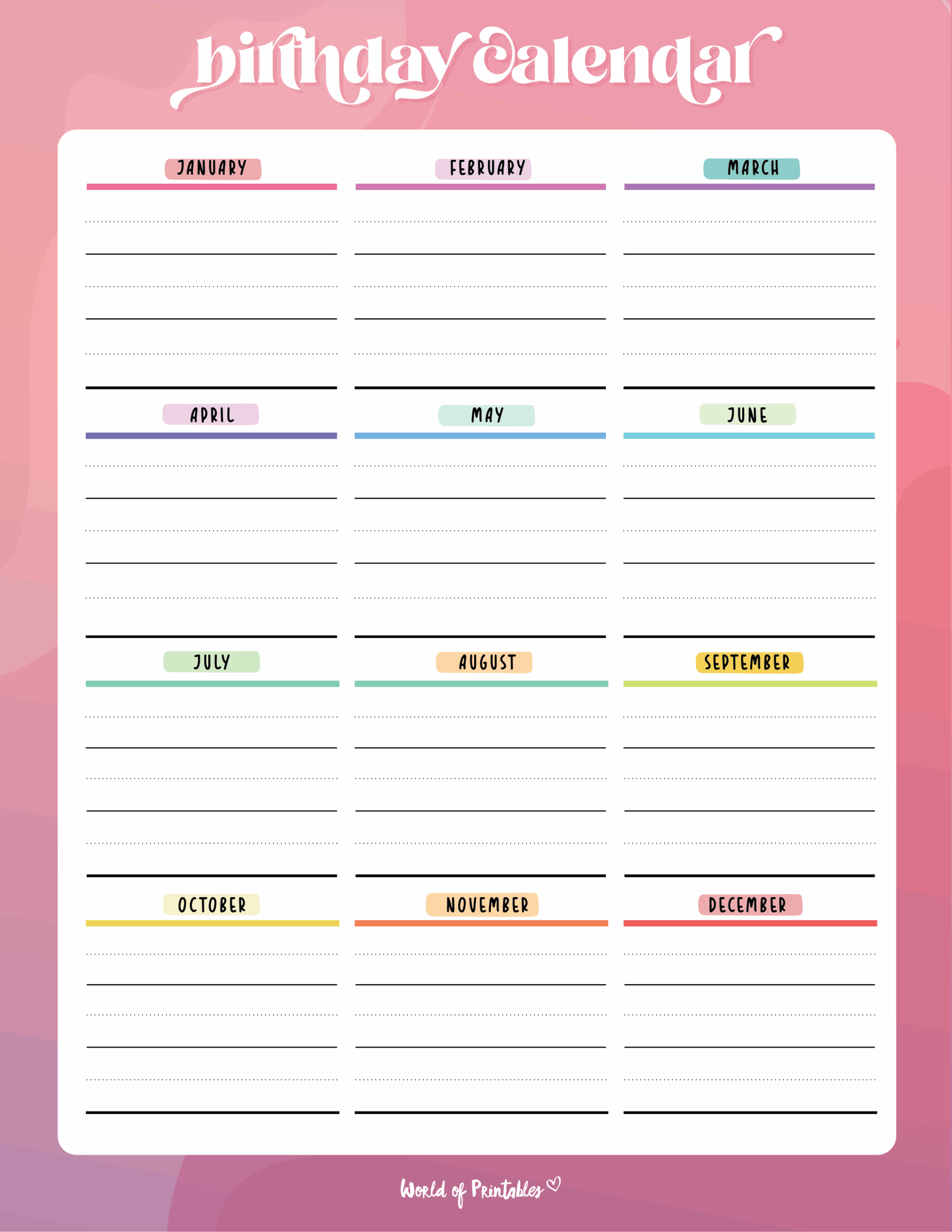 Birthday Calendars World Of Printables
