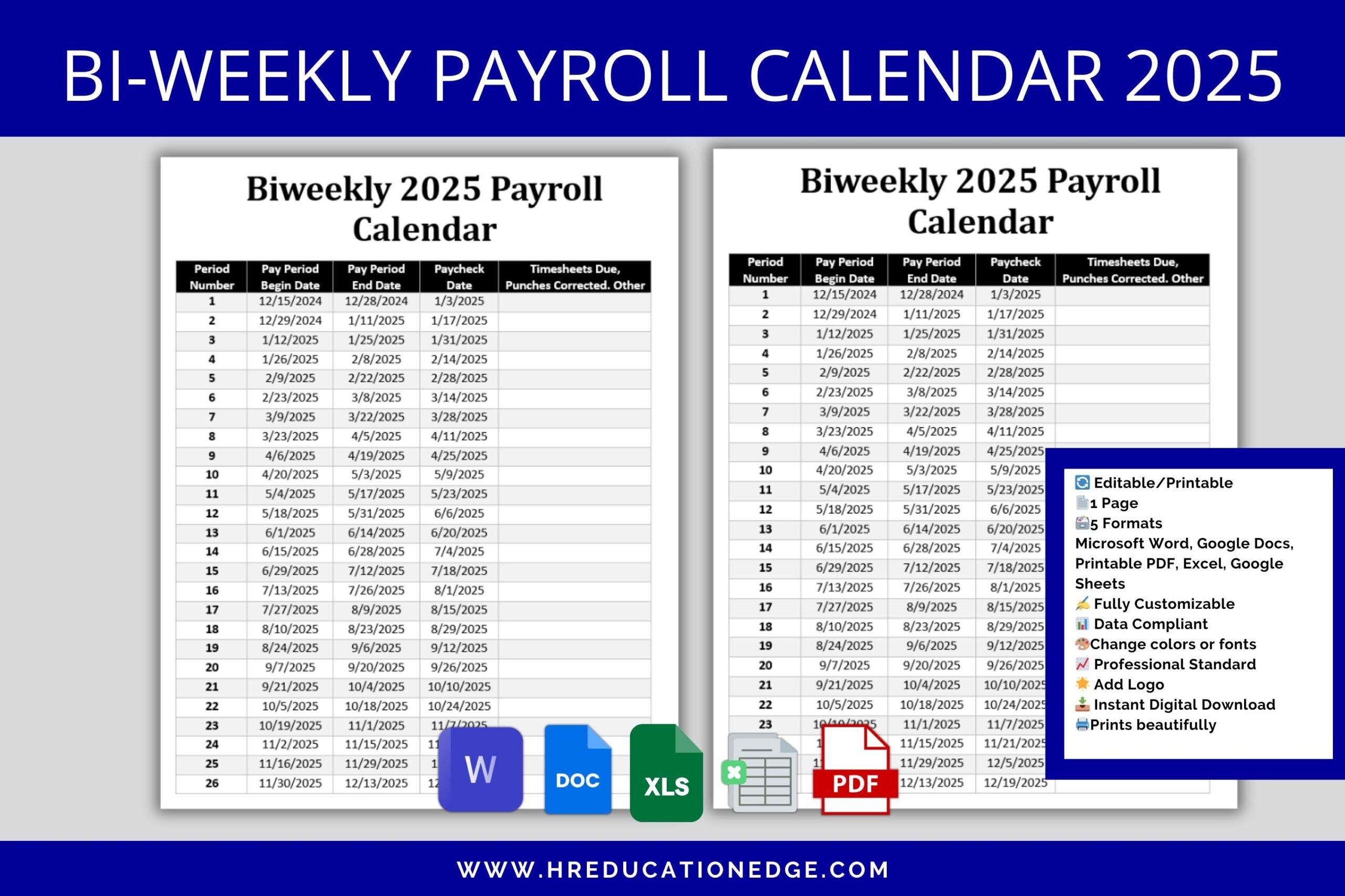 Biweekly Payroll Calendar 2025 MS Editable Word Excel Pay Period Start U0026 End Date Paycheck Schedule Employee Compensation Etsy