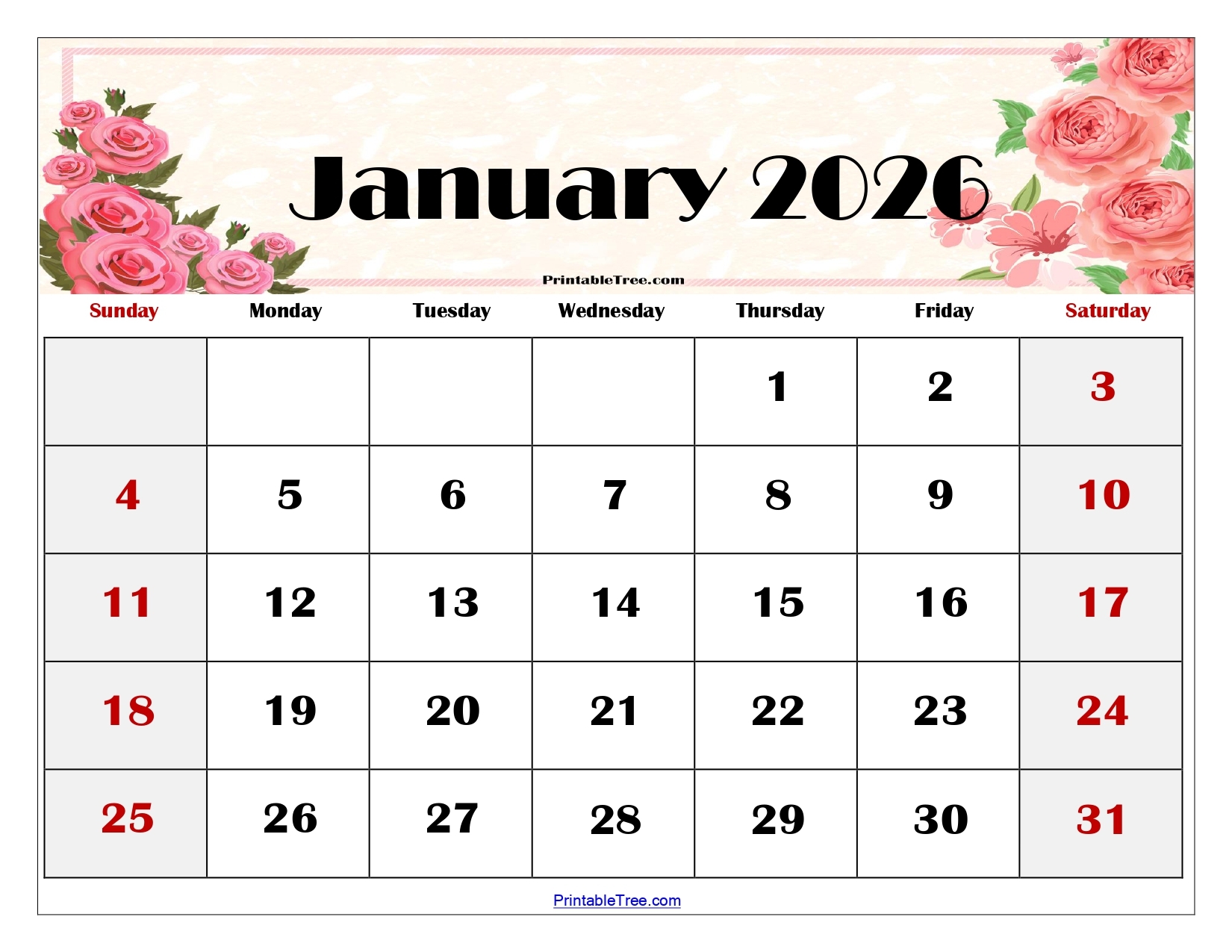 Blank January 2026 Calendar Printable