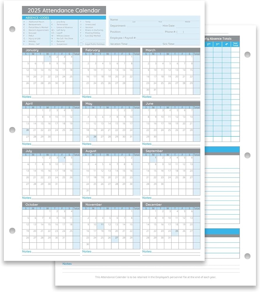 Blue Summit Supplies 50 Sheet Attendance Calendar Employee 2025 Attendance Sheets For 3 Hole Binder Convenient Tracker For Employee Attendance Record Time Off And Tardiness 50 Pack Amazon in Office Products
