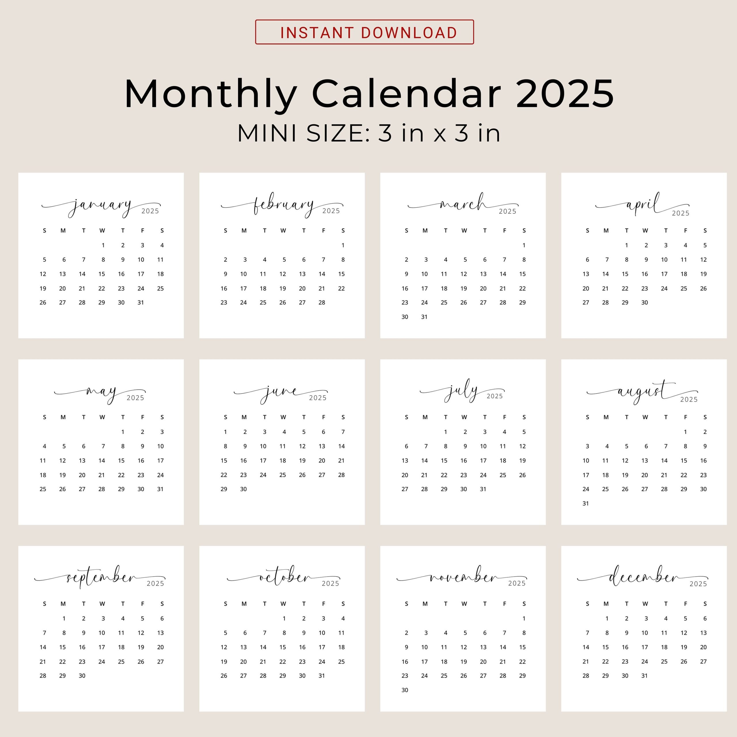 Buy 2025 3x3 Mini Calendar 2025 Calendar Card 2025 Pocket Calendar Elegant Printable Calendar Mini 3x3 Inch Calendar PDF Sunday U0026 Monday Start Online In India Etsy