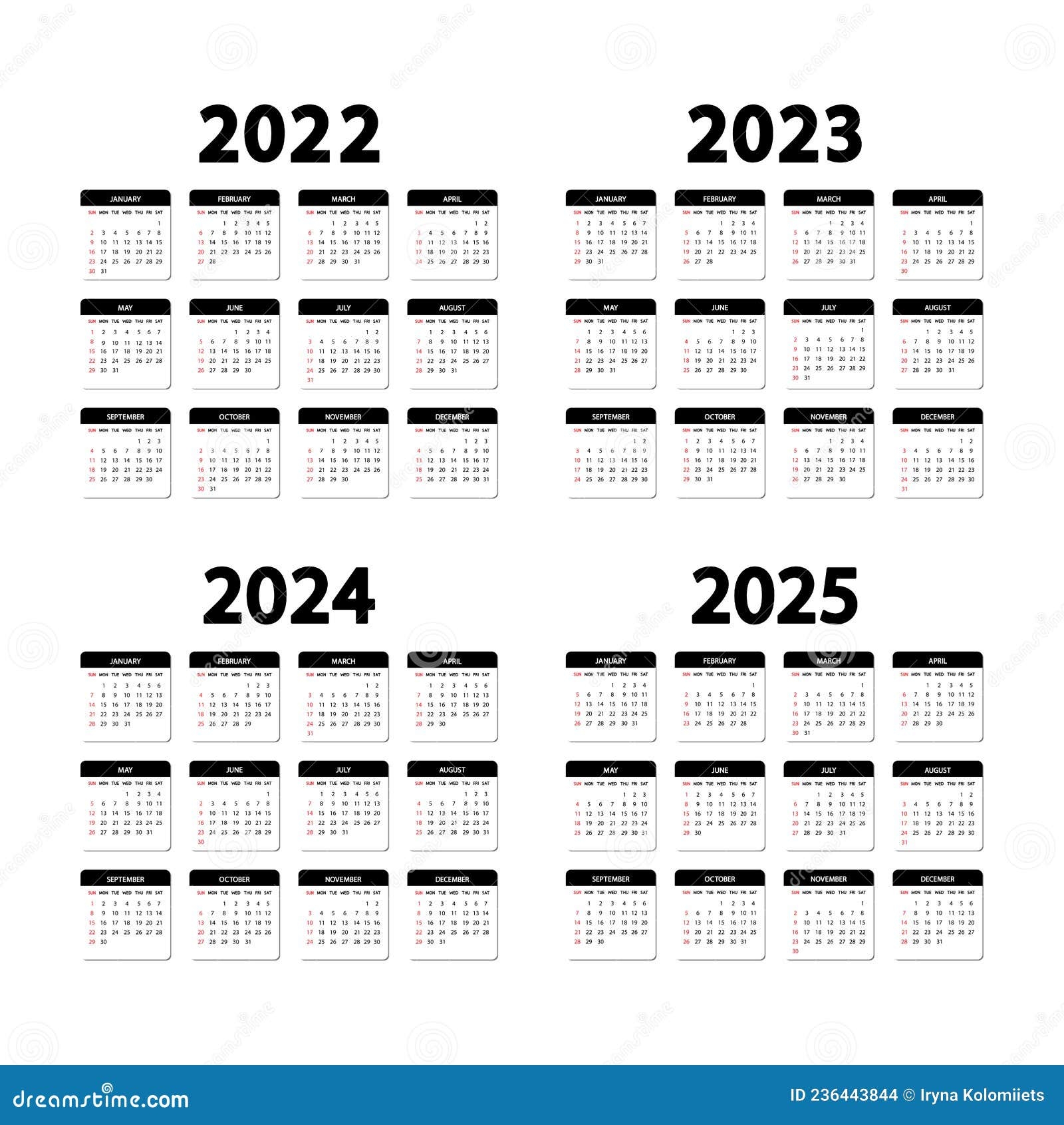 Calendar 2022 2023 2024 And 2025 Years The Week Starts Sunday Annual English Calendars Template Stock Vector Illustration Of 2023 July 236443844