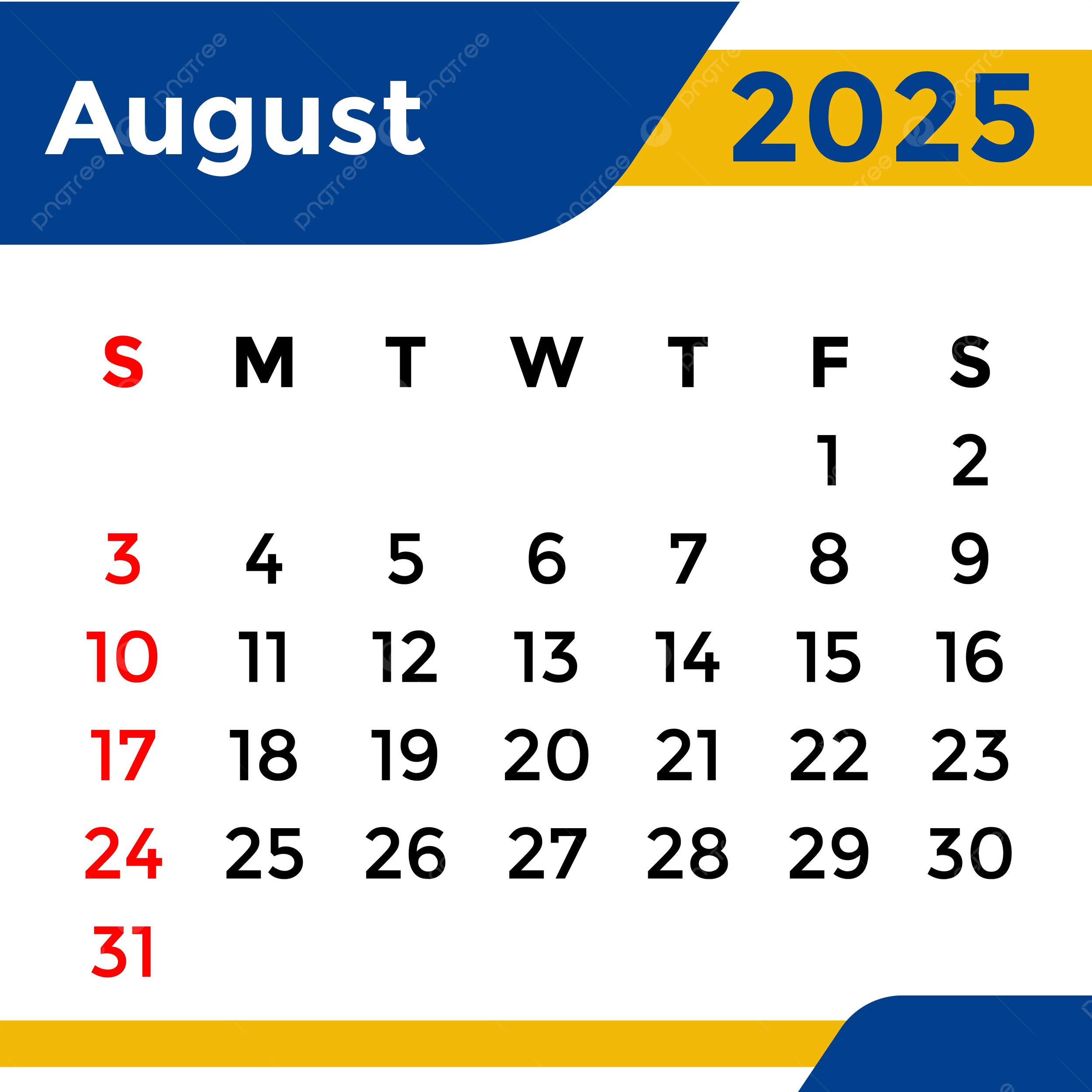 Calendar 2025 August Month Vector Template Download On Pngtree