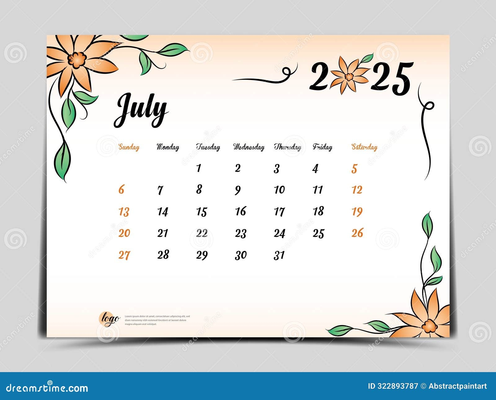 Calendar 2025 Template On Flowers Background July 2025 Template Monthly Calendar Planner Artwork Desk Calendar 2025 Stock Vector Illustration Of Organizer Simple 322893787