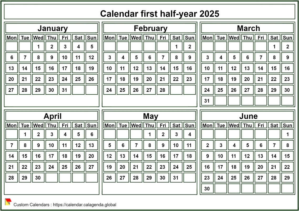 Calendar 2025 To Print Half year Tiny Pocket Format White Background