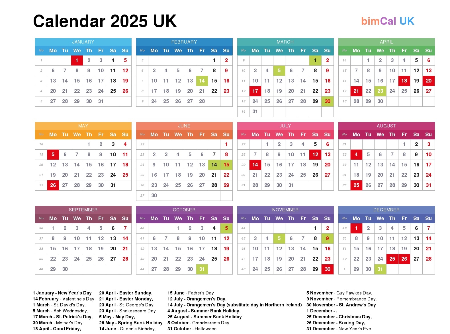 Calendar 2025 UK BimCal uk 