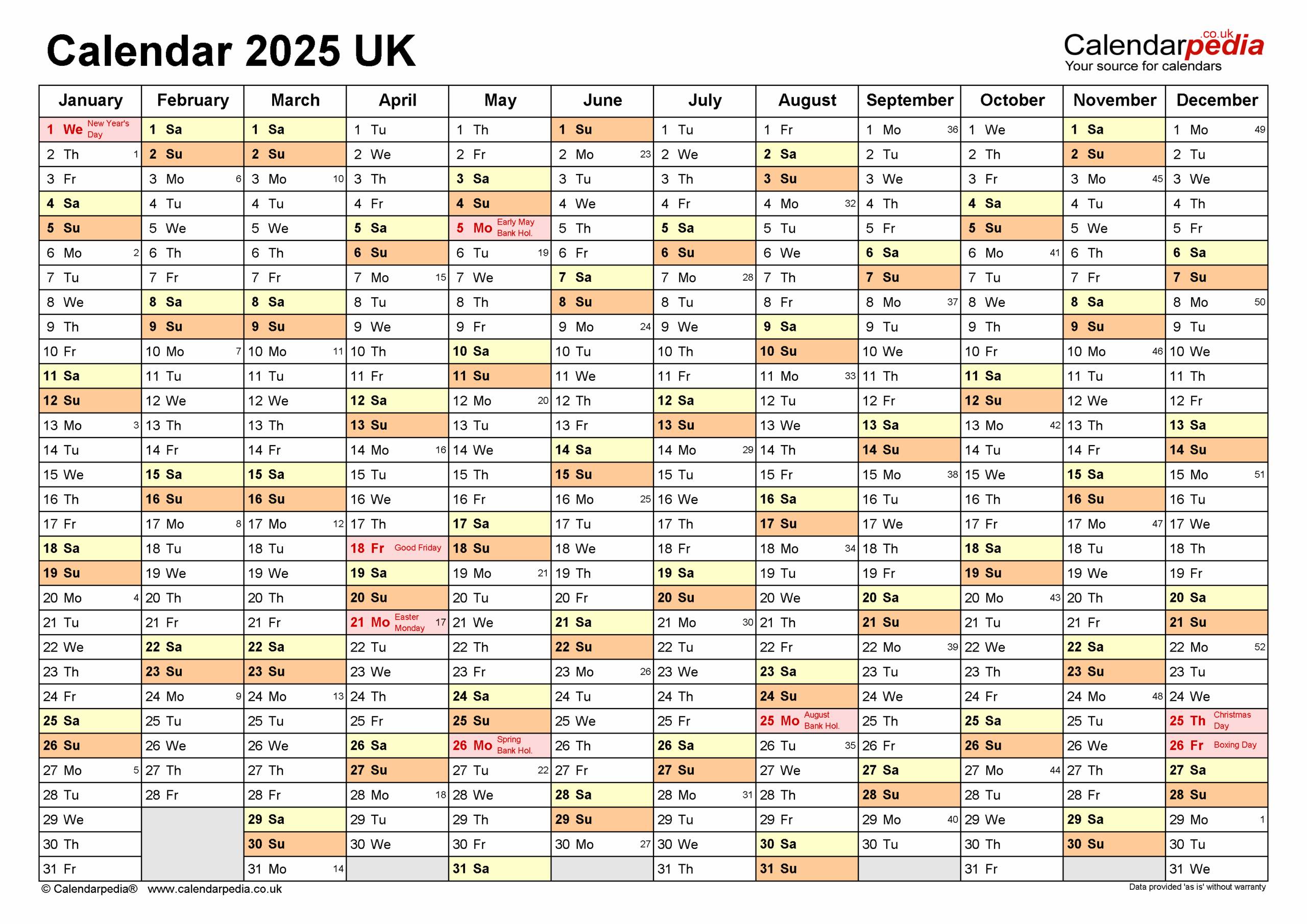 Calendar 2025 UK Free Printable Microsoft Excel Templates