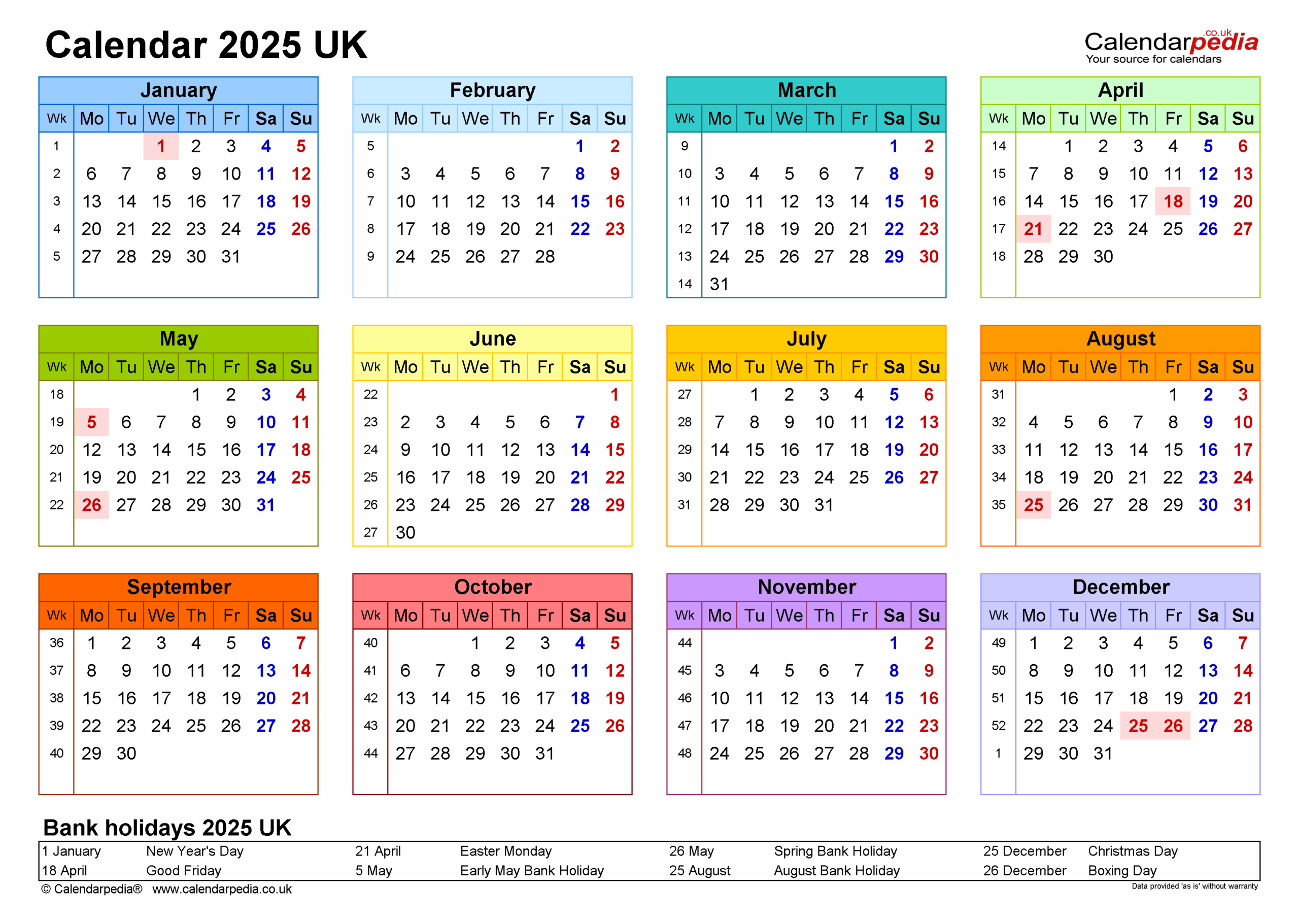 Calendar 2025 UK Free Printable Microsoft Excel Templates