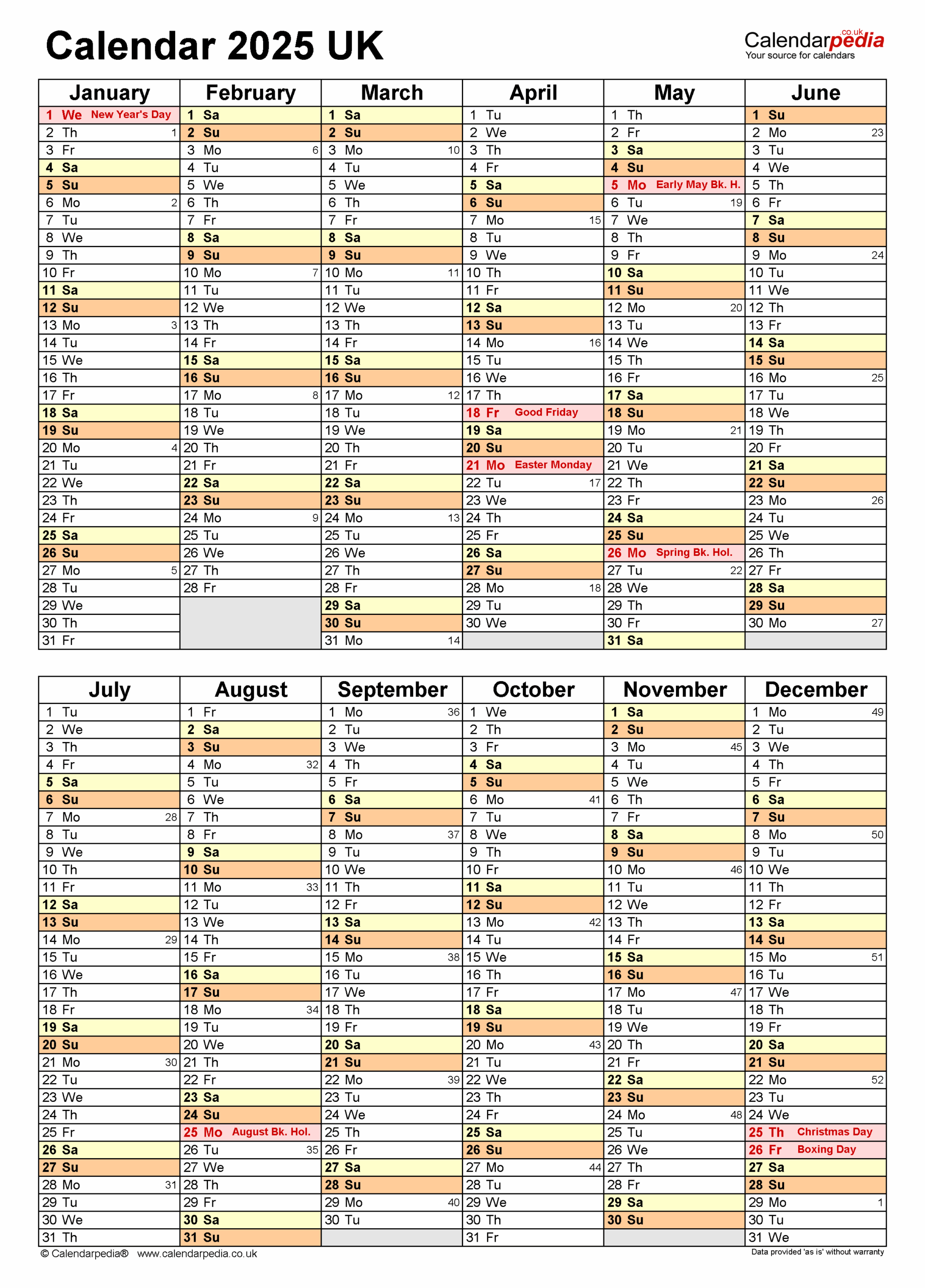 Calendar 2025 UK Free Printable PDF Templates