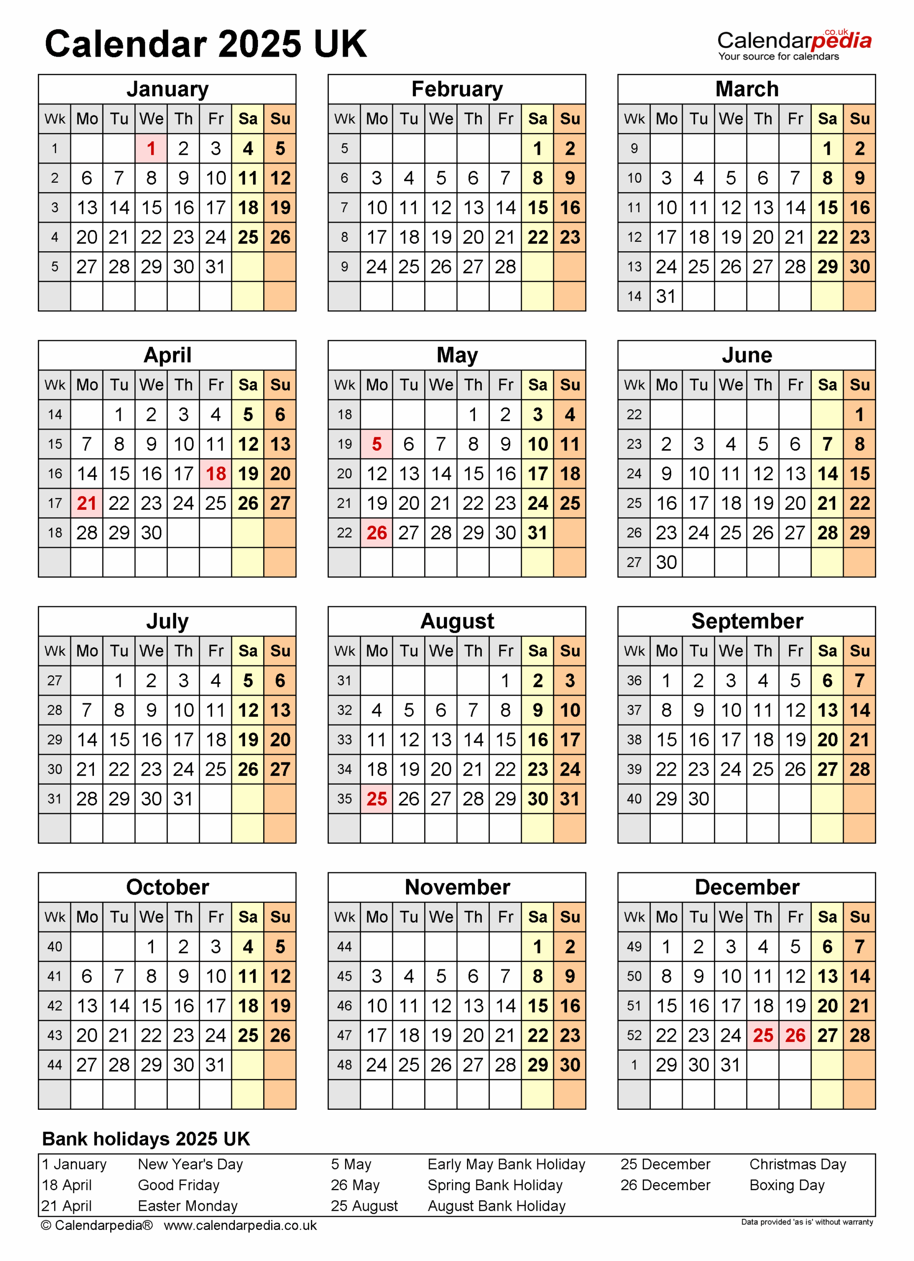Calendar 2025 UK Free Printable PDF Templates